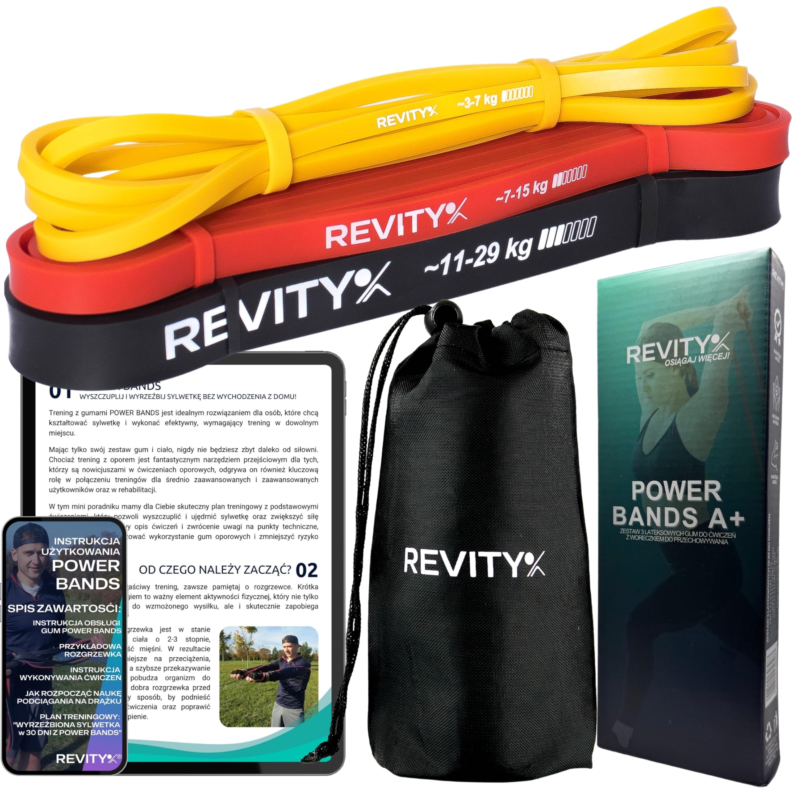 Gumy Oporowe - Zestaw 3 Gum do Ćwiczeń, Power Bands 3-29 kg | z Naturalnego Lateksu Wyjątkowo Trwałe, z Planem Treningowym PDF na 30 Dni, Instrukcją Ćwiczeń i Woreczkiem do Przechowywania