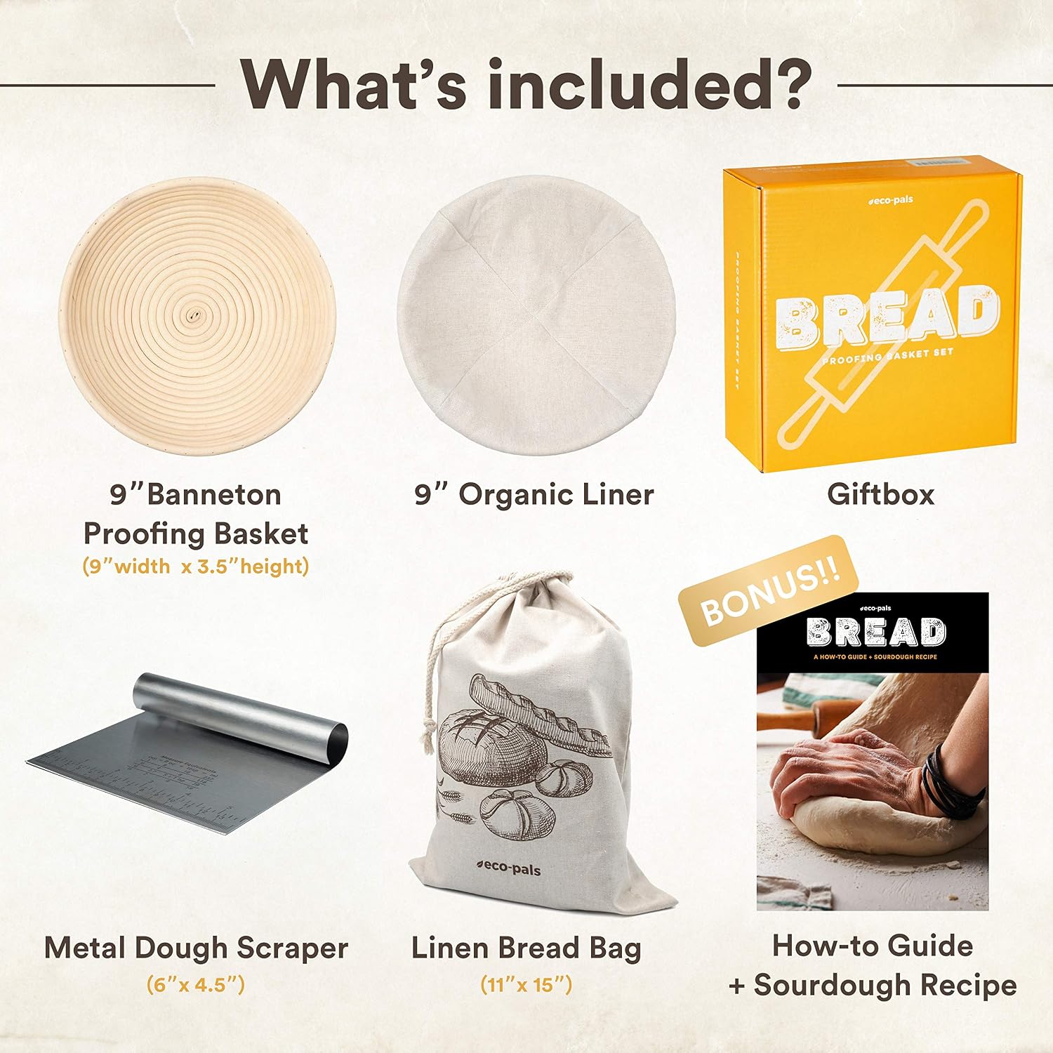 Eco-Pals | 9 inch Bread Banneton Proofing Baskets for Sourdough Bread + Dough Scraper + Linen Bread Bags | Brotform French Artisan Baking Supplies Baking Set+ Easy Sourdough Bakery Bread Recipe