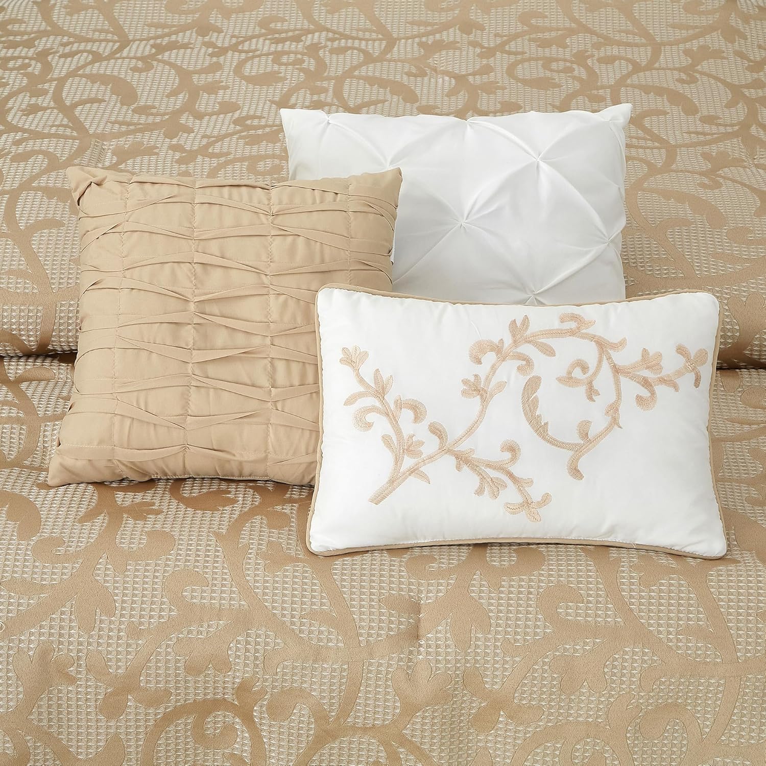 Taupe California King Comforter Set, Classic Jacquard Floral 14 Pieces Bedding Set, Ultra Soft for All Seasons, Sheets, Bedskirt, Throw,Matching Shams and Decor Pillows - Image 7