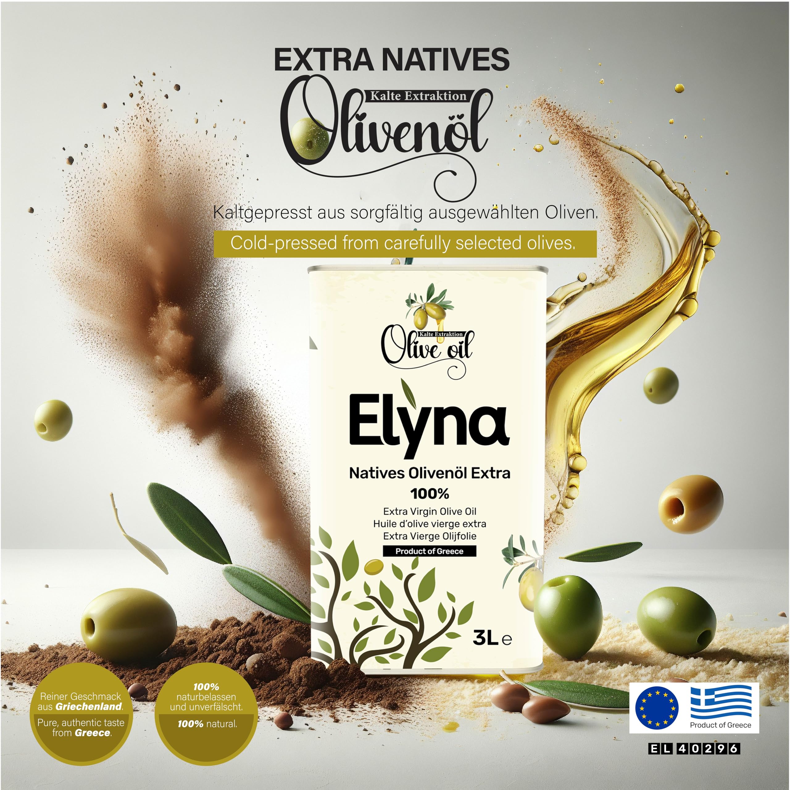 Huile d’Olive Vierge Extra – Pressée à Froid & 100% Naturelle – Huile d’Olive Grecque Premium, Première Catégorie (3 Litres)
