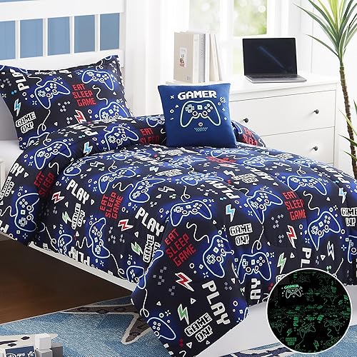 Miniatura 6 de Juego de edredón para niños, tamaño individual, juego de ropa de cama que brilla en la oscuridad, 1 edredón, 1 almohada decorativa, 1 funda de