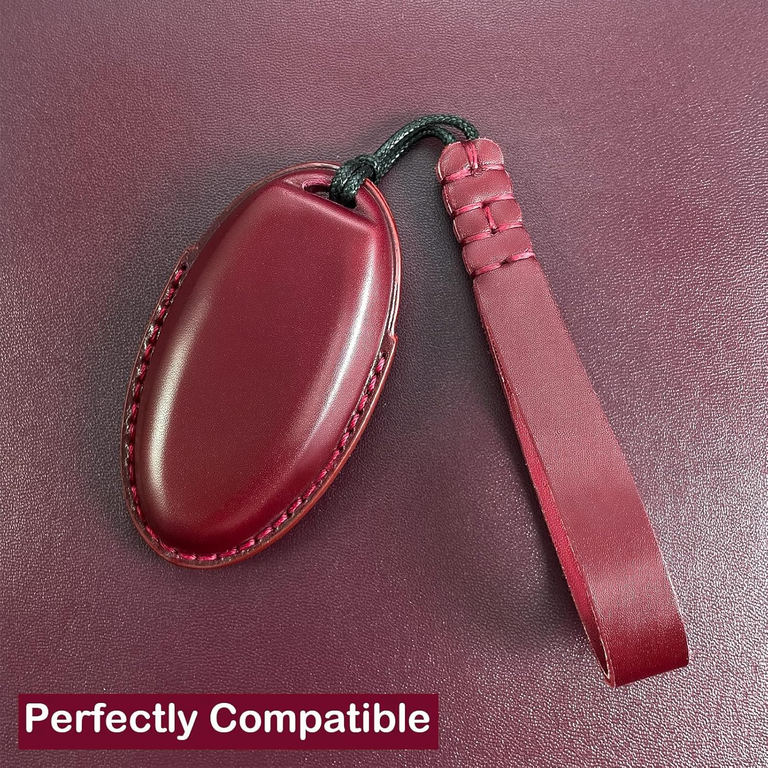 Key fob Cover Genuine Leather with Keychain,Leather Key Case Protector,fit 5 Buttons Smart Remote Key(Red)