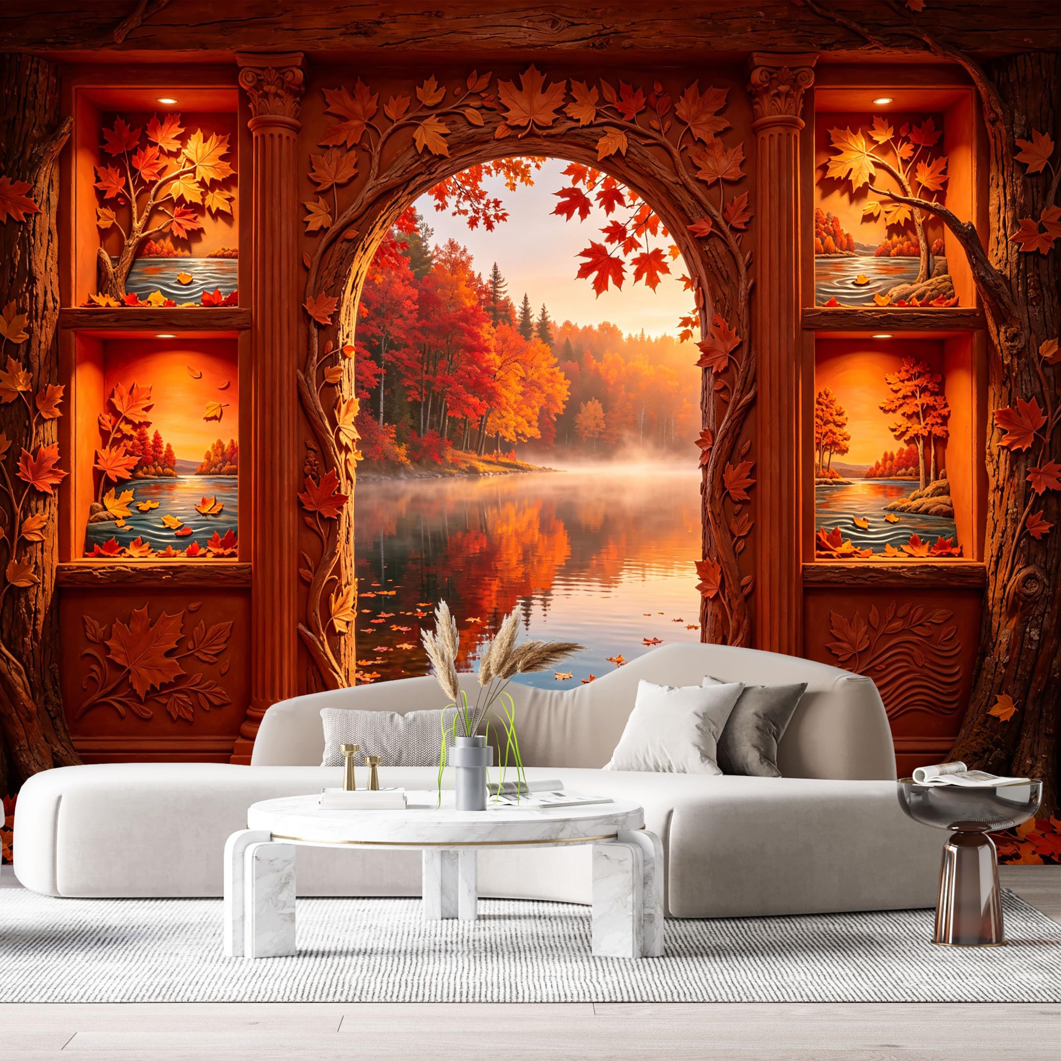 Custom Size Wall Murals Autumn Forest Landscape Lake Sunset Oil Painting 3D Trompe L'Oeil SelfAdhesiveWall Fabric Removable Wallpaper Wall Decor for Living Room Bedroom Bathroom