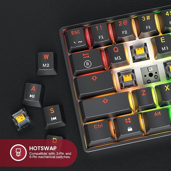 GK61 Mechanical Gaming Keyboard - 61 Key Multicolor RGB Illumination LED Backlit Wired Programmable for PC/Mac Gamers Gateron Mechanical Red, Black