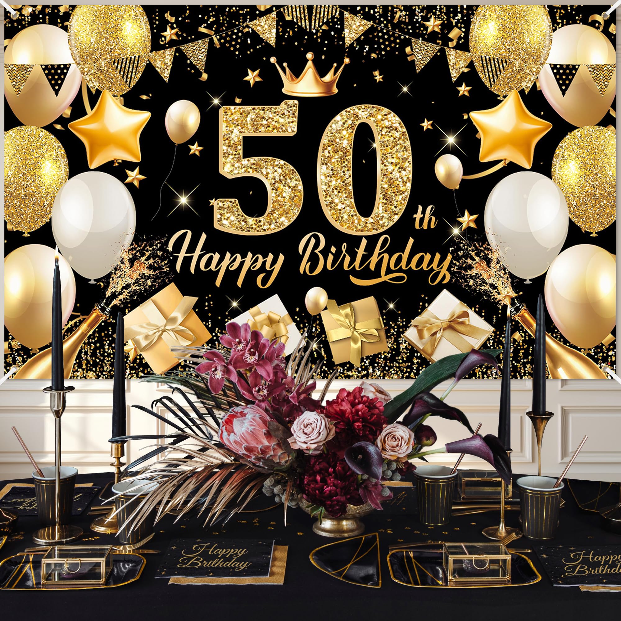 50 Sah Noch Nie So Gut Aus Banner Gold - 12 Goldene Dreiecksfahnen - Geburtstagsdeko Für Drinnen & Draußen