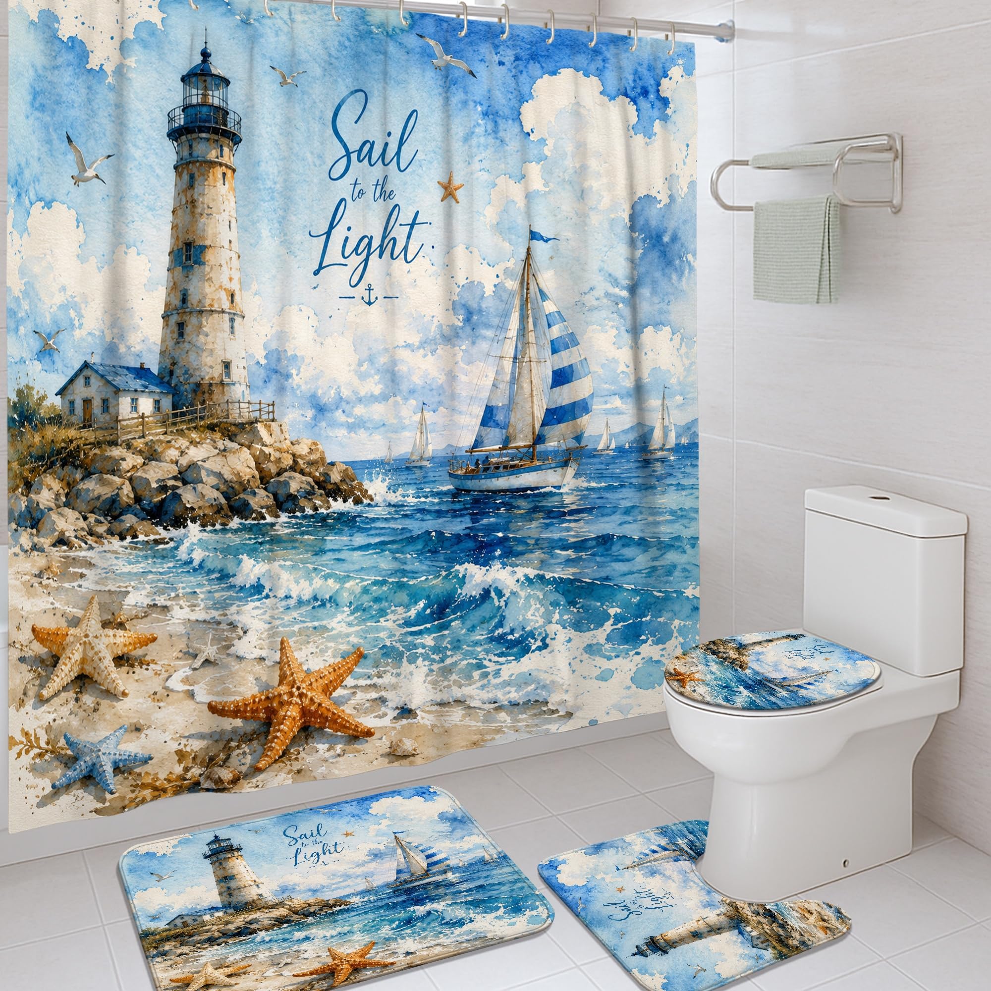 Tapis et rideau de douche polyester haut de gamme motif voilier pour baignoire d'appartement 183