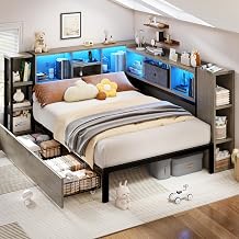 LARMACE Twin Size Corner Bed Frame with Storage Drawers and Bookcase Headboard,Metal Platform Corner Bed with LED Lights and Charging Station,Daybed for Kids Teen or Guests,Gray