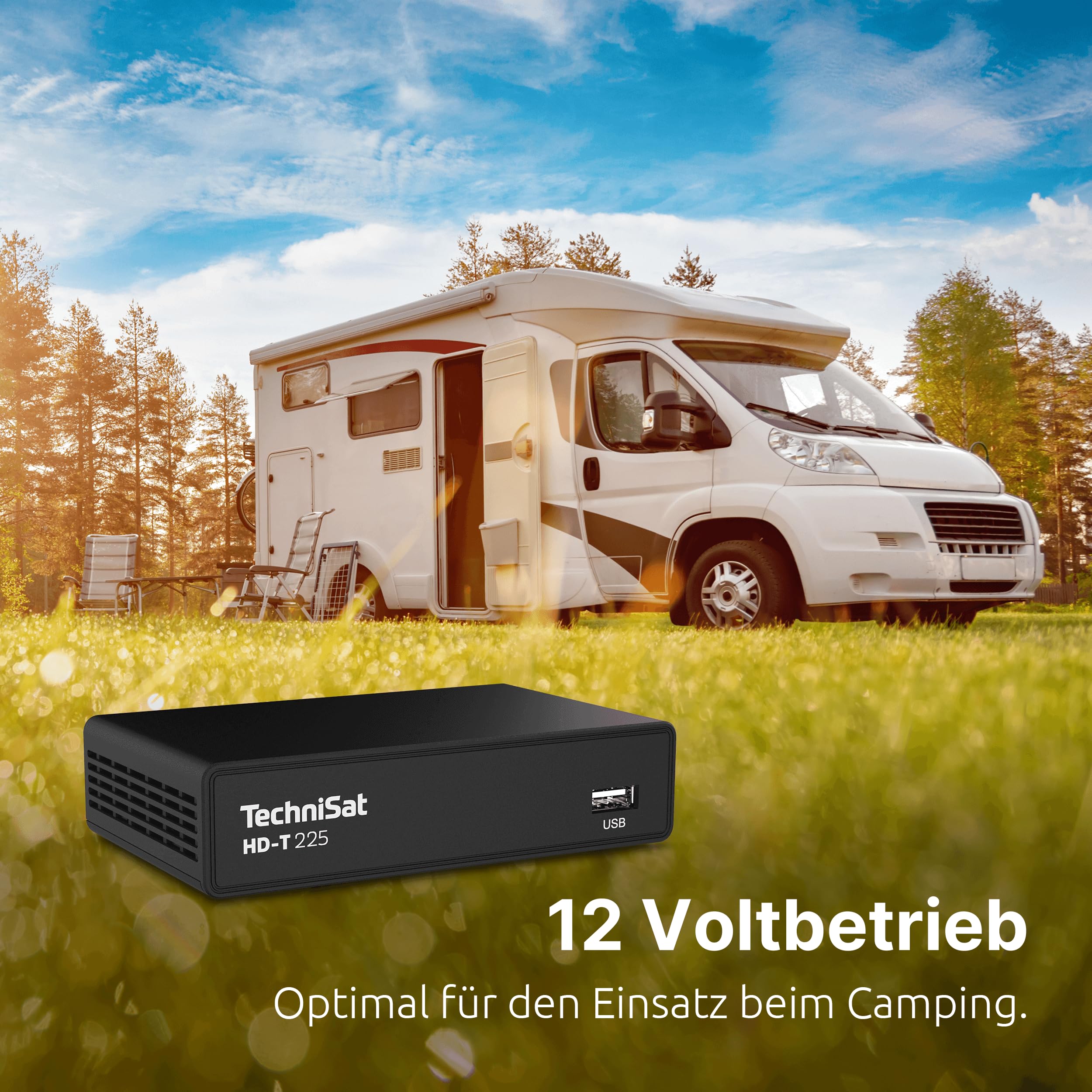 TechniSat HD-T 225 - Kompakter DVB T2 HD Receiver (HDTV, HEVC H265, USB Mediaplayer, HDMI und SCART, 12 V tauglich, EPG, LED Statusanzeige, Fernbedienung) Schwarz