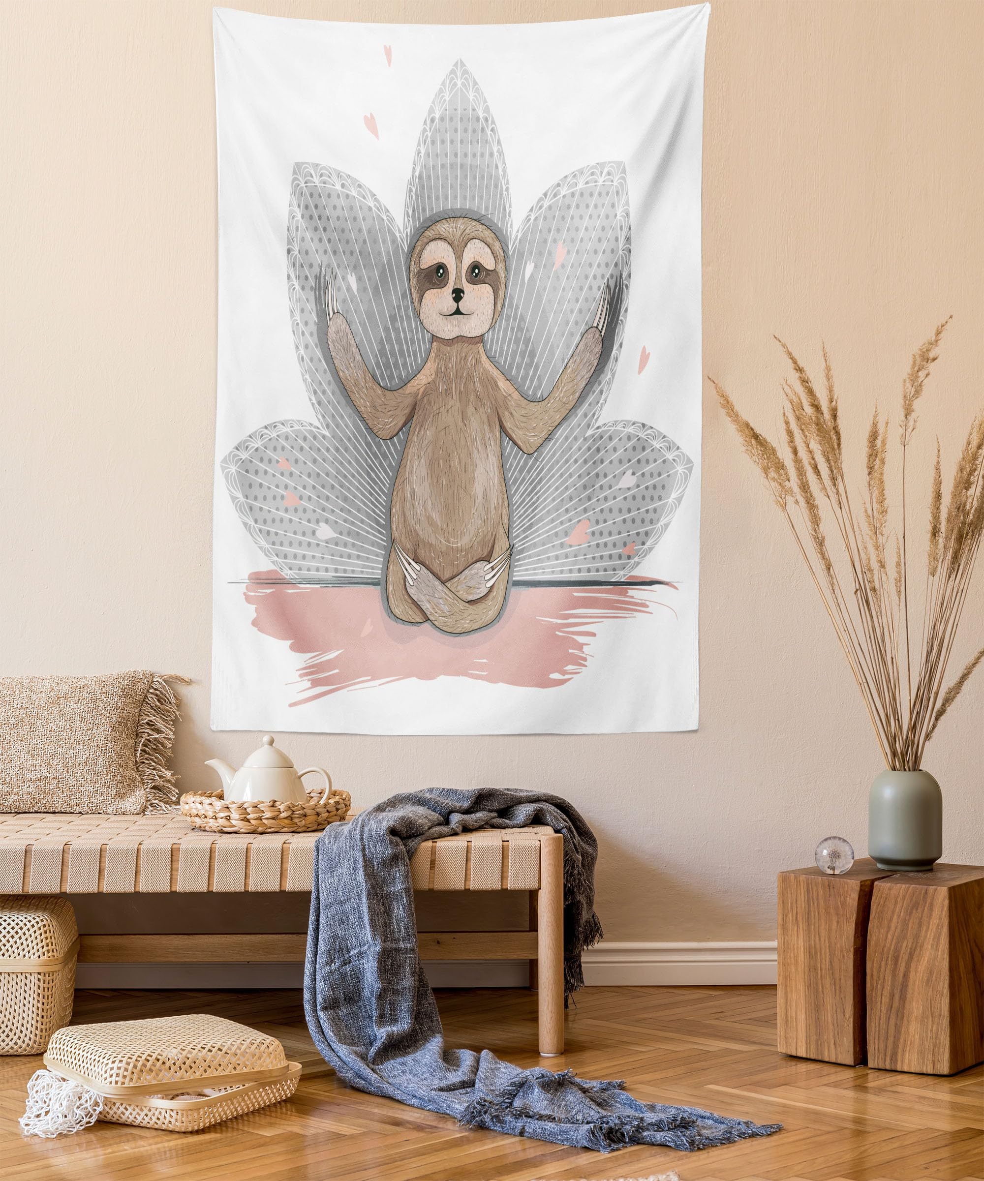 Ambesonne Sloth Tapestry Twin Size, Little Sloth Lotus Flower Yoga Asana Positions Fun, Wall Hanging Bedspread Bed Cover Wall Decor, Twin Size, Pink Brown Grey