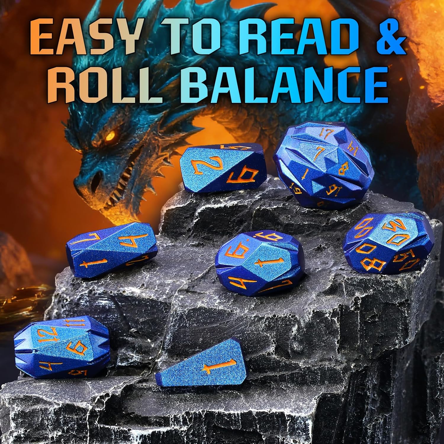 FONVGOGO Metal Dice Set D and D for Dungeons and Dragon, Metal Polyhedral DND Dice with Cardboard Box Unique Cool RPG Dice for Role Playing Tabletop Games Gifts (Blue Orange)