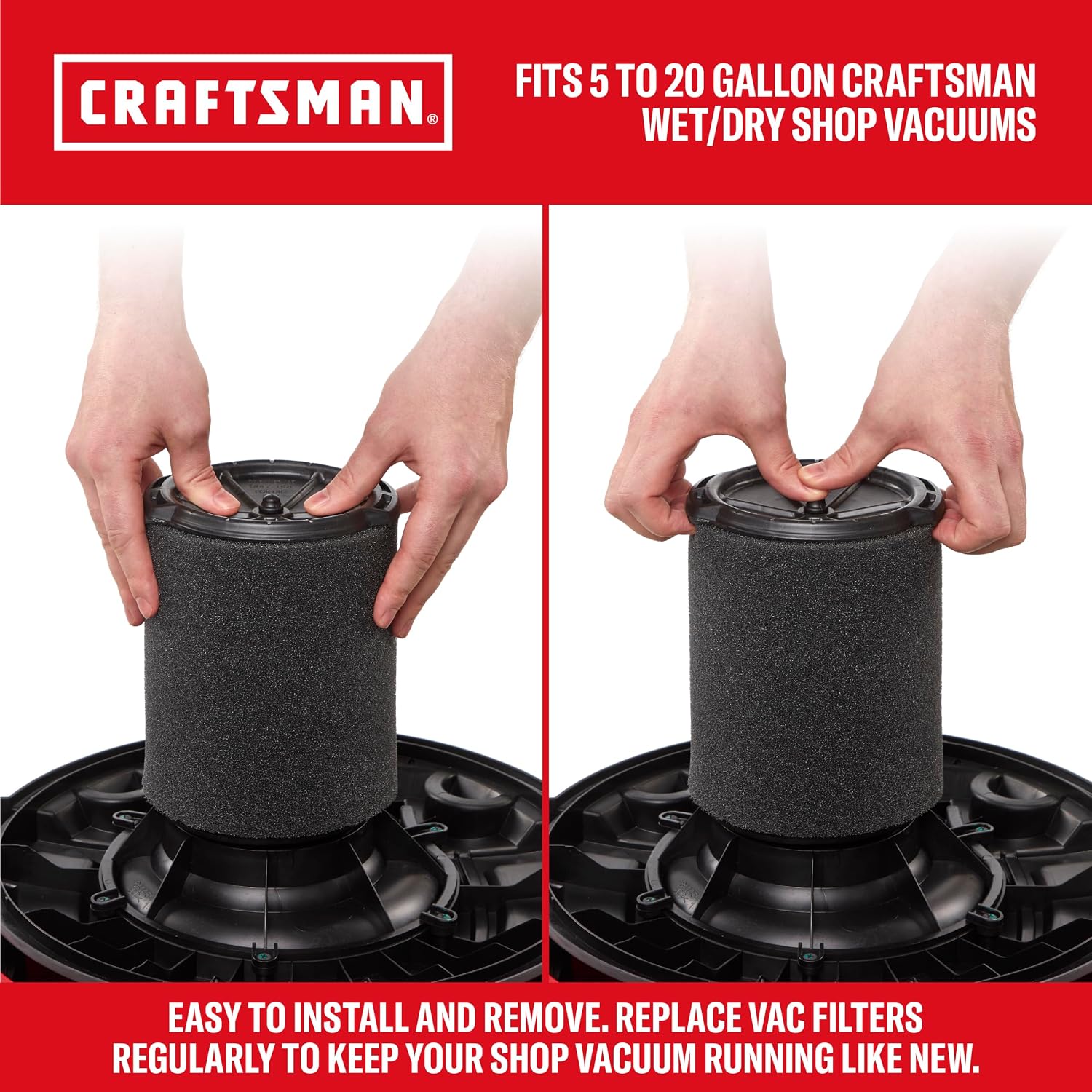 Hands installing the black foam wet application filter into a shop vacuum.