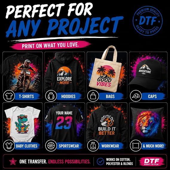 Custom DTF Transfer – Upload Your Own Design, Image, Logo or Photo – Any Size – Personalised Heat Transfer for T-Shirts, Hoodies & Clothing