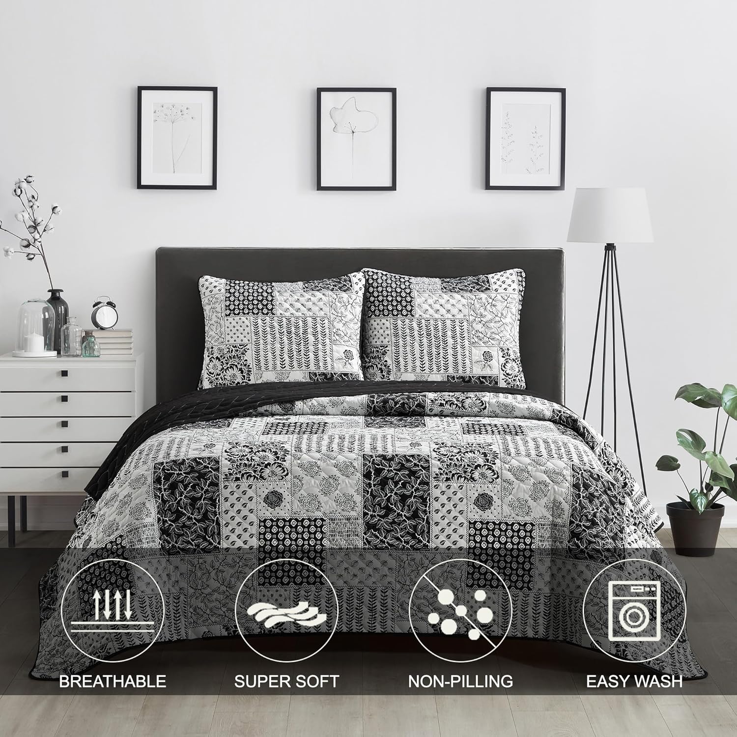 Stratford Park All Season Floral Printing 3 Piece Quilt Set, Queen Size Black White Quilt with Pillow Sham, Bedspreads & Coverlets