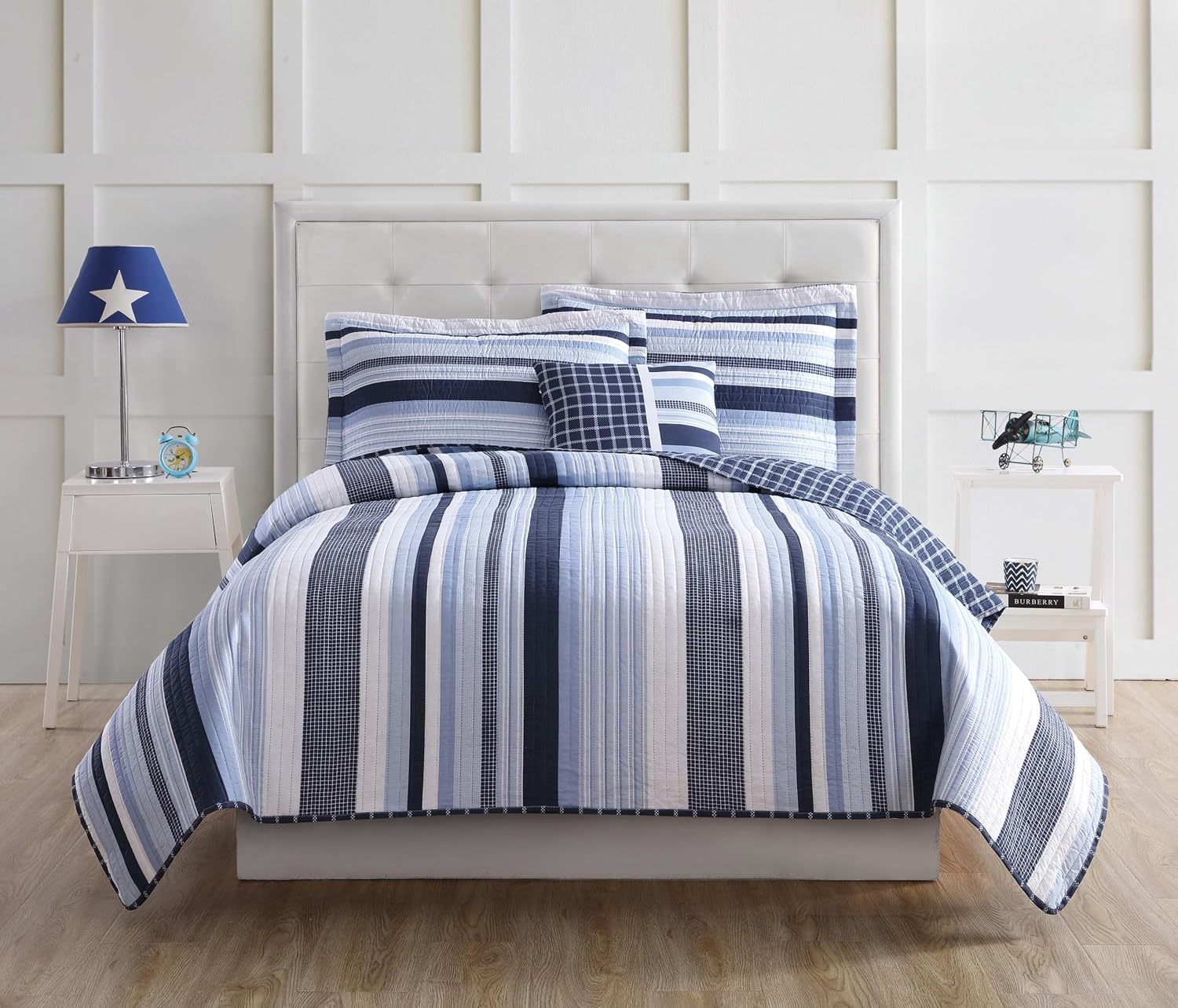 My World Mason Stripe Blue and White Polyester 4-Piece Full/Queen Quilt Set, Stripe Themed, for Kids, OEKO-TEX Certified