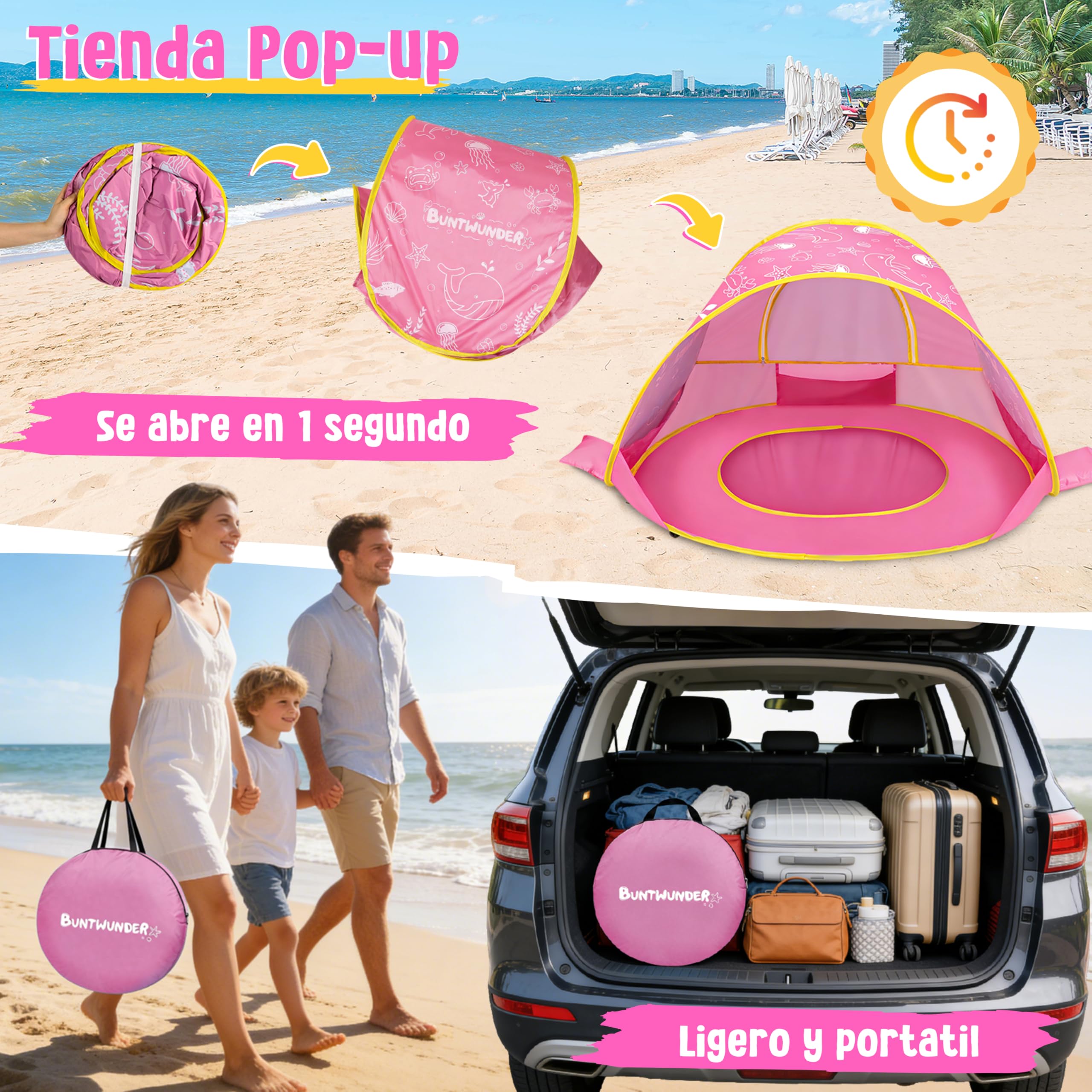 JONRRYIN Tienda Playa Bebé Pop Up, Tienda Refugio Infantil con Mini Piscina, Plegable Portátil Protección UV para Playa, Pícnic y Jardín (Rosa)