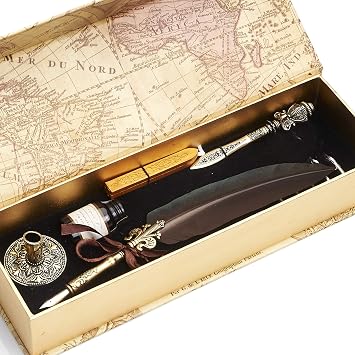 Feather Pen and Ink Set, Calligraphy Quill Pen with Metal Letter Opener Pen Holder 6 Nibs 1 Dip Ink and 1 Sealing Wax Gift for Kids Adults Writers MU-08