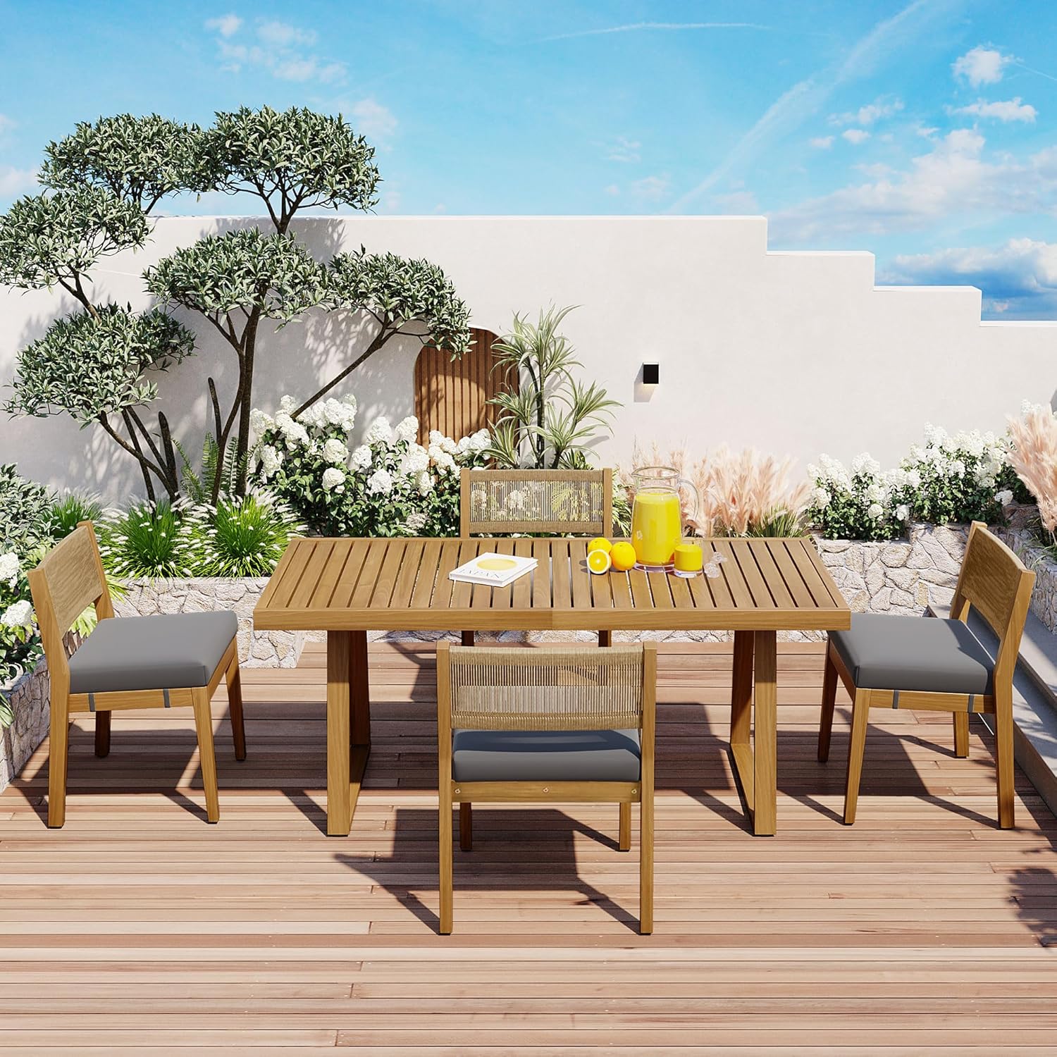 Harper & Bright Designs Multi-Person Outdoor Acacia Wood Dining Table and Chair Set, Thick Cushions, Suitable for Balcony, Vourtyard, and Garden.