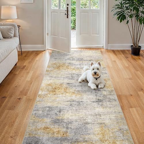 Ksrau 4x8 Abstract Washable Hallway Runner (Grey/Yellow)