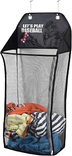 Over The Door Hanging Kids Fun LED Baseball Light-Up Collapsible Mesh Laundry Hamper Basket, Toy Chest, Heavy Duty Metal Hooks Included. Patent Pending