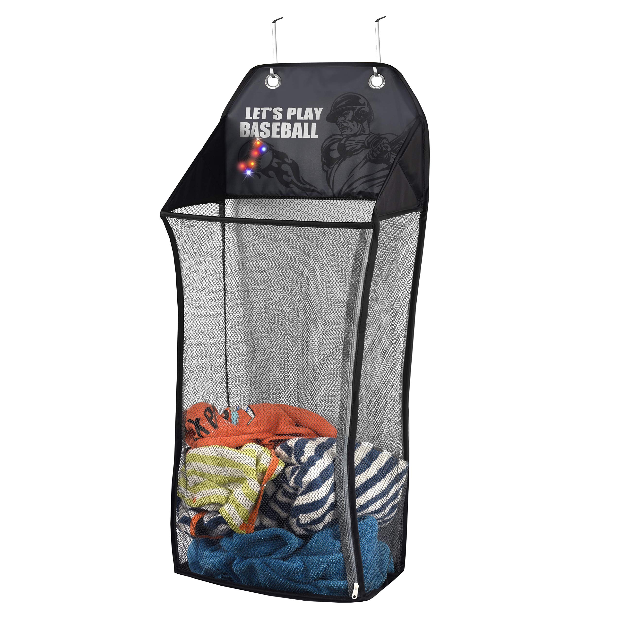 Store & Score Over The Door Hanging Kids Fun LED Baseball Light-Up Collapsible Mesh Laundry Hamper Basket, Toy Chest, Heavy Duty Metal Hooks Included. Patent Pending