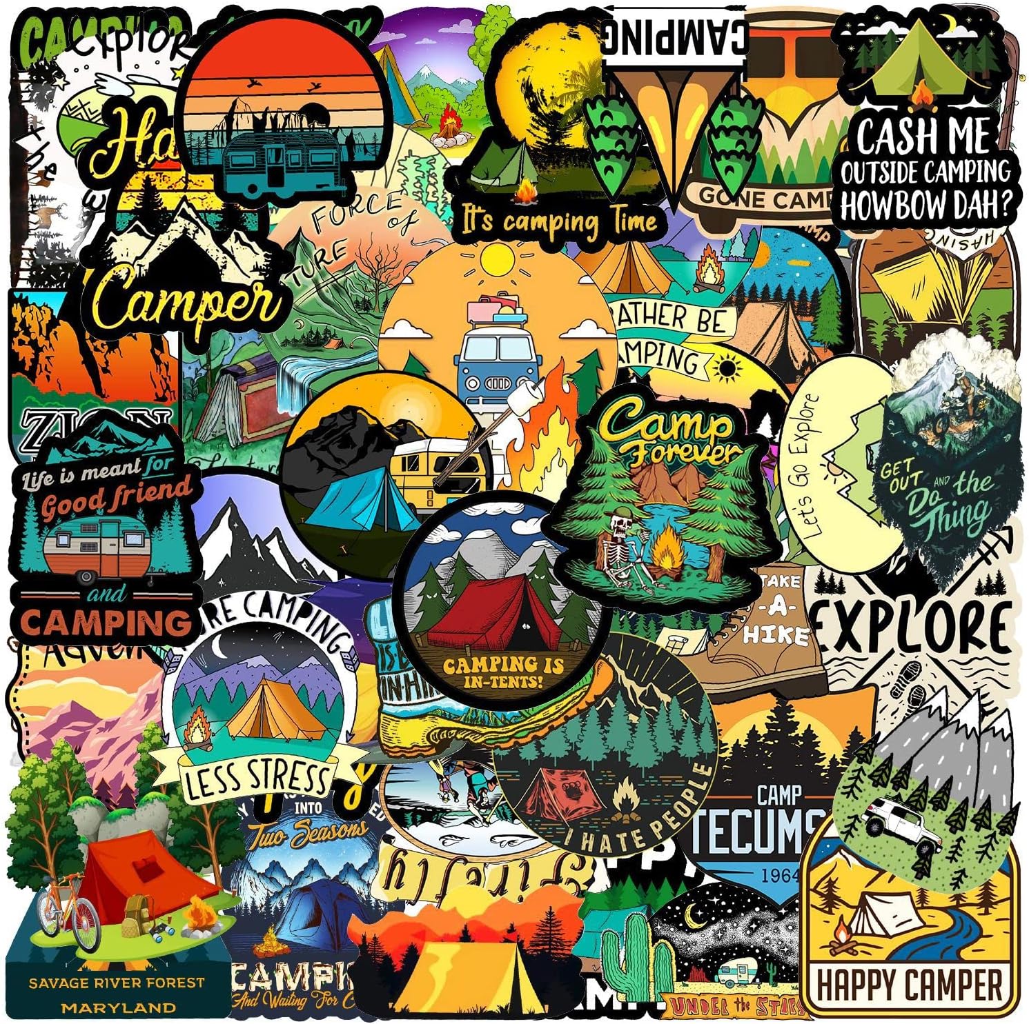 FOCRI 50pcs Outdoor Sticker Pack Adventure Hiking Canmping Wilderness Stickers for Cars, Laptop, Bike, Waterproof Travel Cool Stickers, Nature Forest Decals for Adults Teenagers Campers
