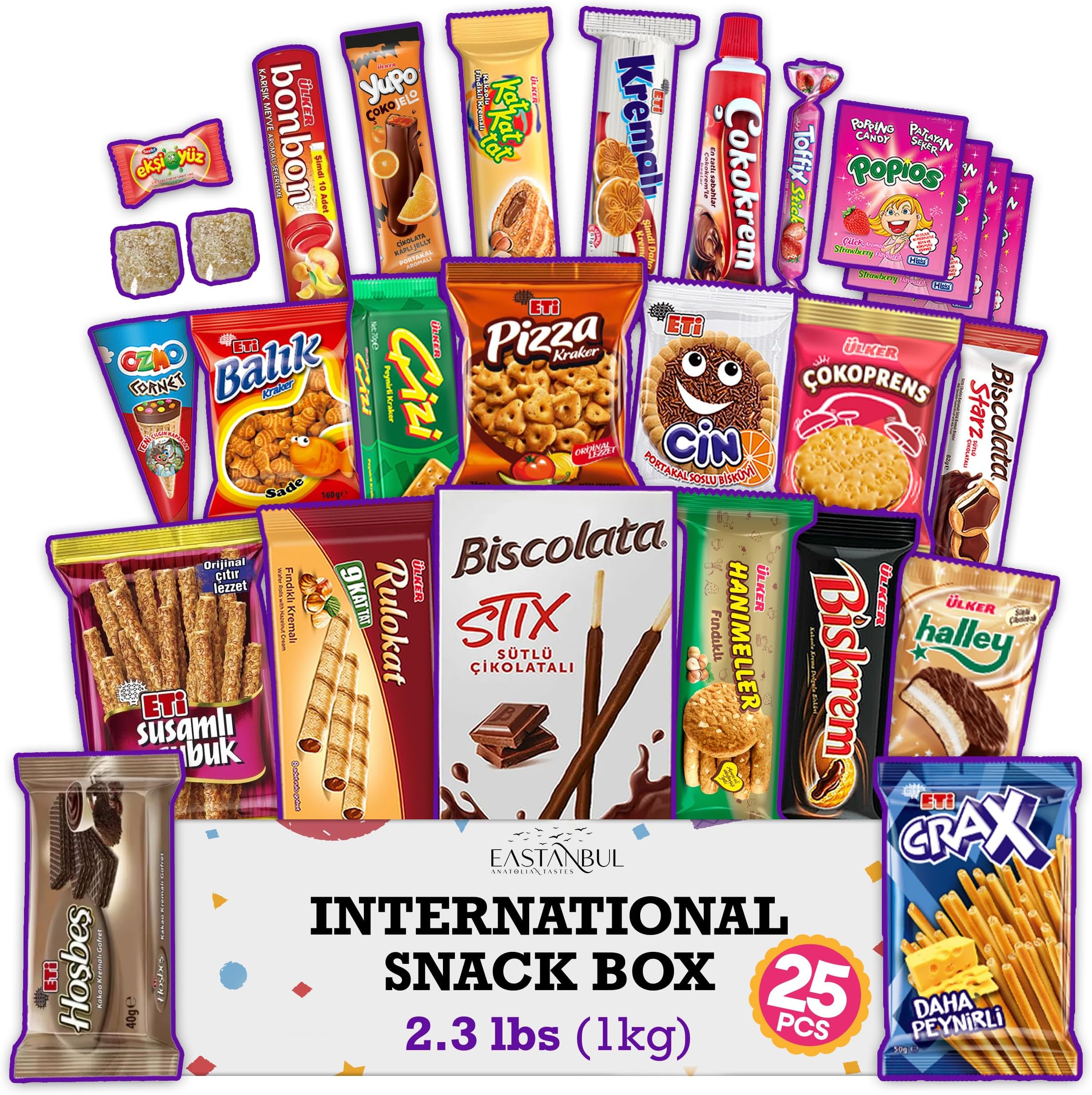 Eastanbul International Snack Box, 25 Full-Size Foreign Snack Box, Exotic Turkish Snacks From Around The World International Snacks, Sweet, Savory, Chewy, Crunchy Gift Box