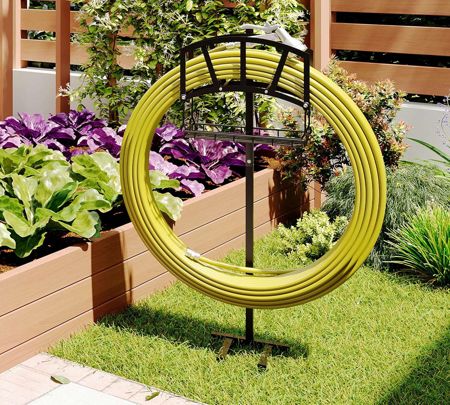 Fire Beauty Garden Hose Holder,Freestanding Water Hose Holder with Storage Basket,In ground Hose Rack Organizer for Outdoor,Detachable Hose Holder Stake,Hose Reel Stand Rack for Outside Lawn Yard