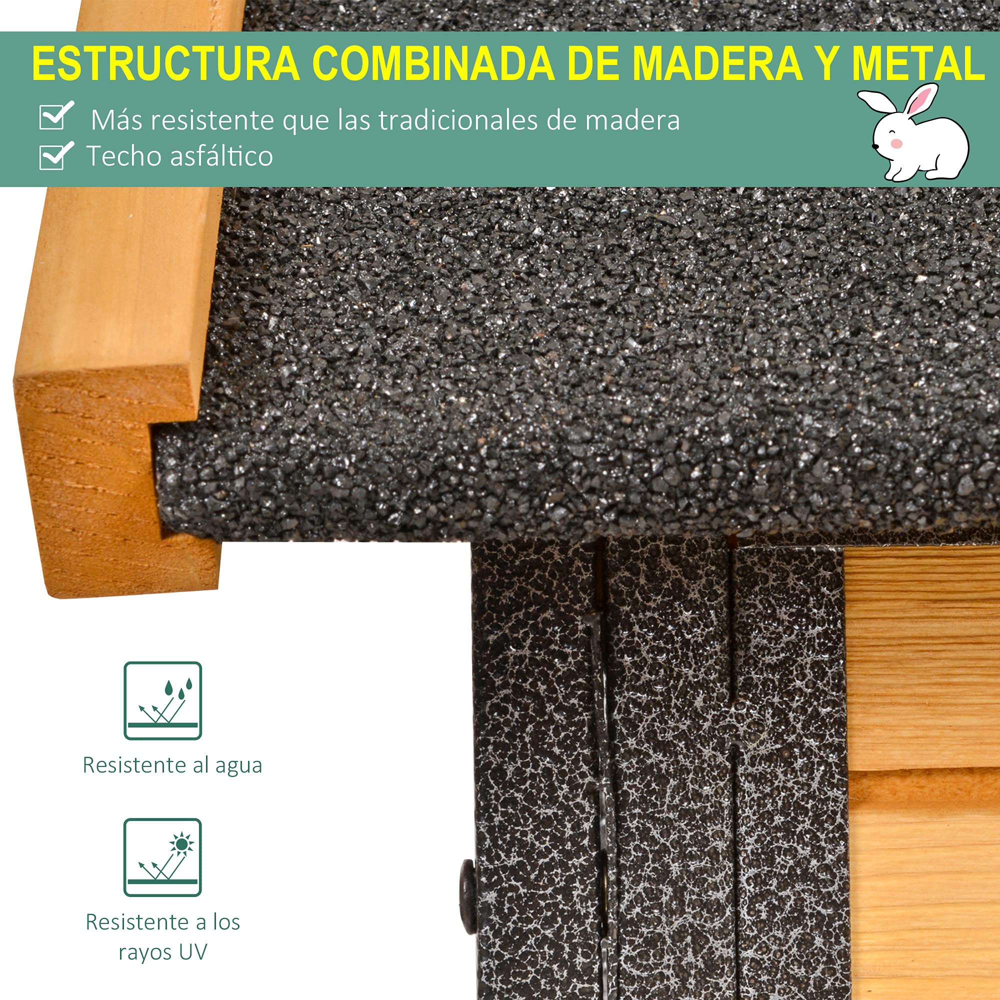 PawHut Conejera de Exterior Jaula para Mascotas Pequeñas 2 Niveles con Rampa Bandeja Extraíble de Madera y Metal 122x63x92 cm para Conejos Cobayas Madera y Gris