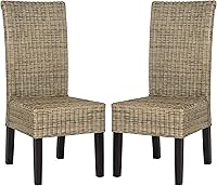 SAFAVIEH Arjun Set of 2 Grey Wicker Dining Chairs, Tall Back with Pine Wood Legs - Model SEA8013A-SET2