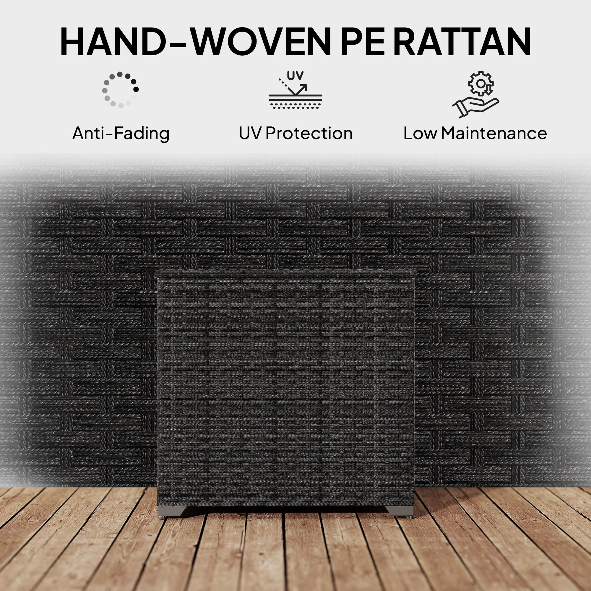 Outsunny 253L Garden Storage Box, Rattan Deck Box with Waterproof Zipped Liner, Safe Pneumatic Rod, Patio Rattan Storage Container for Backyard Gardening Tools, Black — view 9