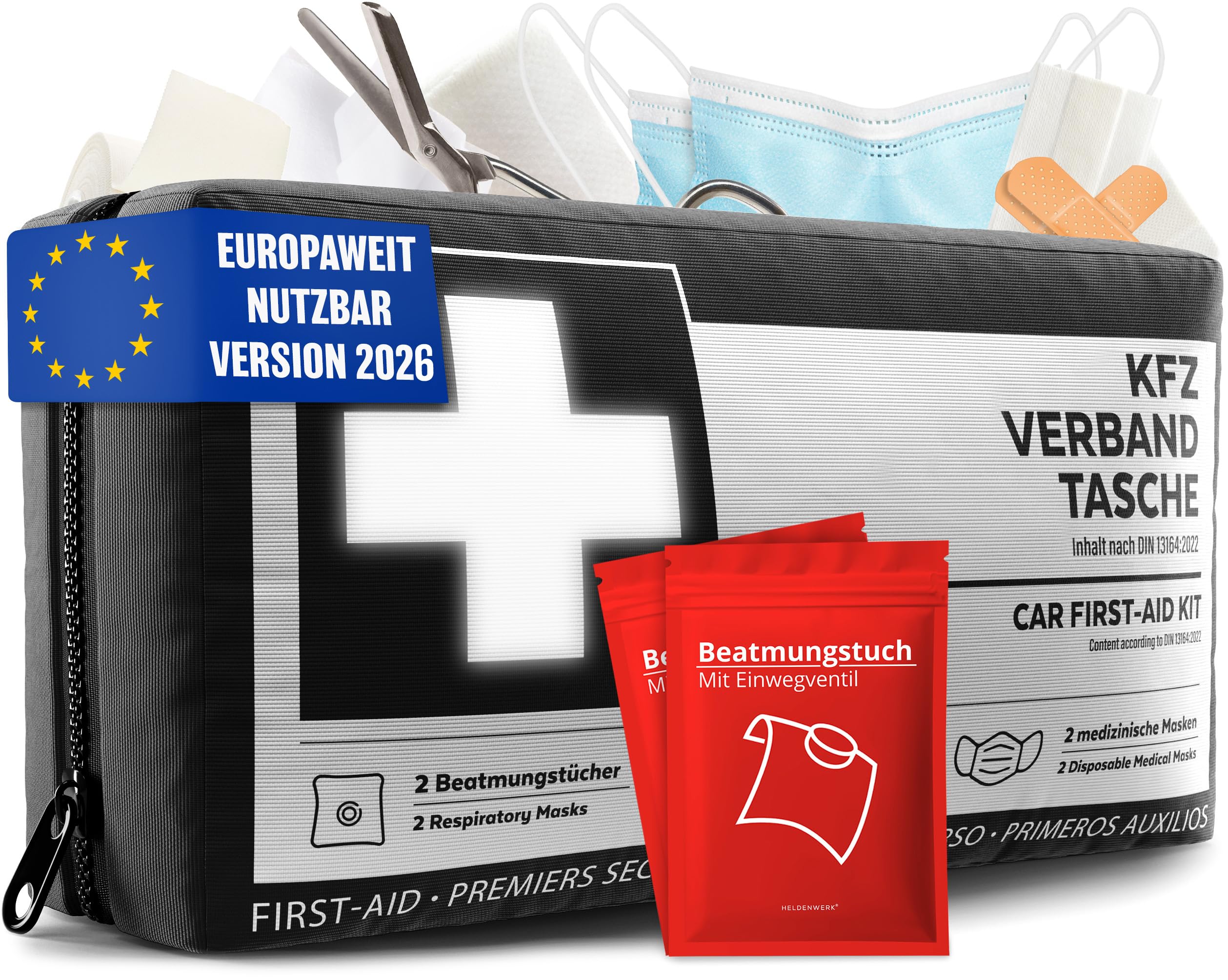 KFZ Verbandstasche nach aktueller Norm 2026 inkl. Beatmungstüchern - KFZ Verbandskasten europaweit nutzbar - Erste Hilfe Set Verbandkasten DIN 13164:2022 (StVO konform)