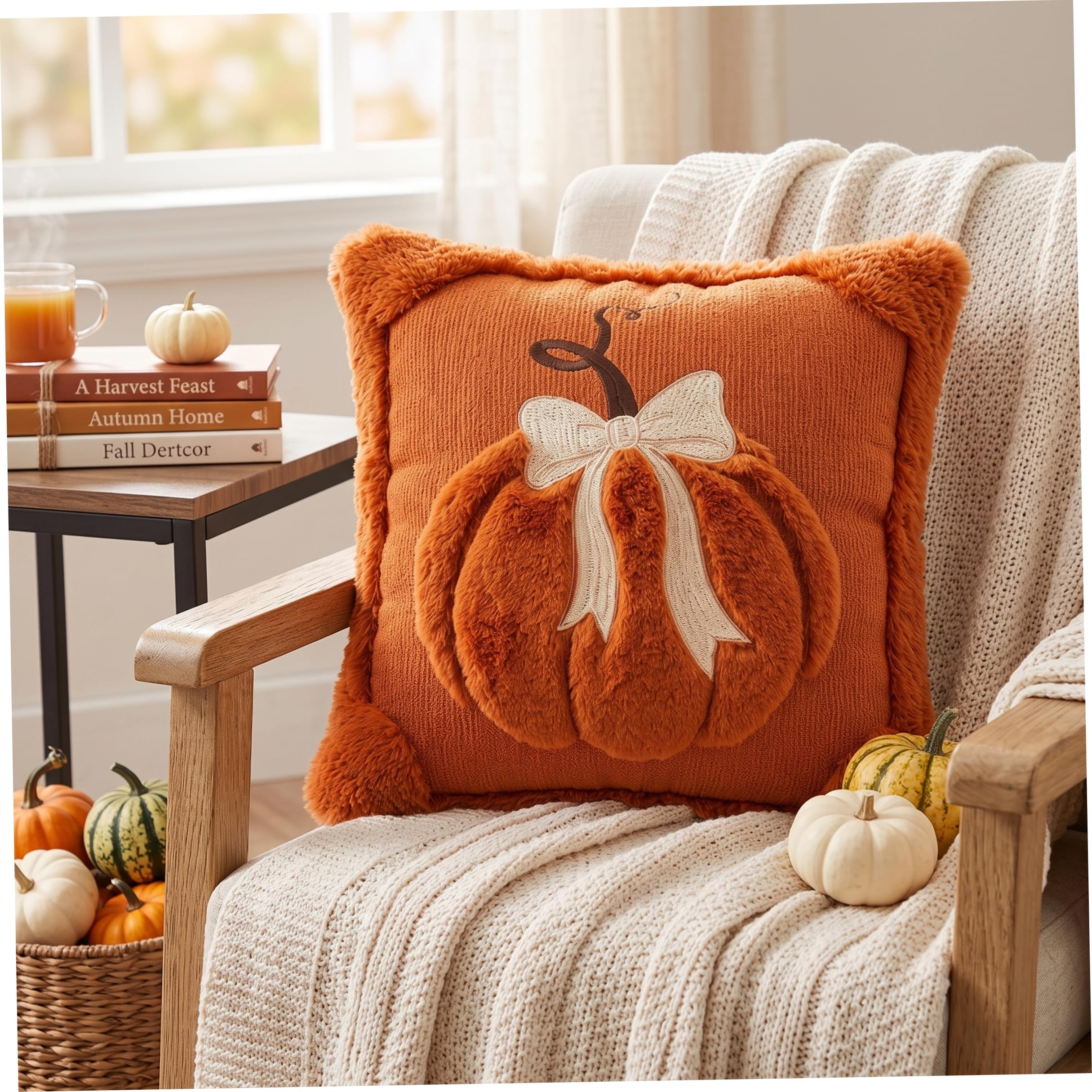 18x18" Orange Quilted Pumpkin Bow Pillow Cover, Decorative Halloween Throw Pillow Cover