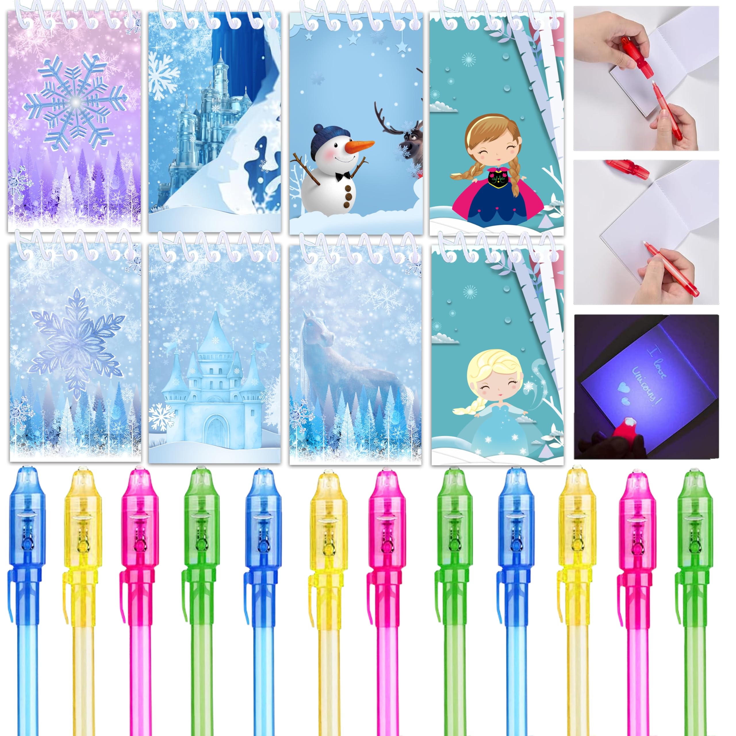 24 pezzi Frozen Themed Party favoriti, 12 penne UV e 12 mini quaderni cartoon Frozen per i bambini, regali per gli ospiti, calendario dell'Avvento