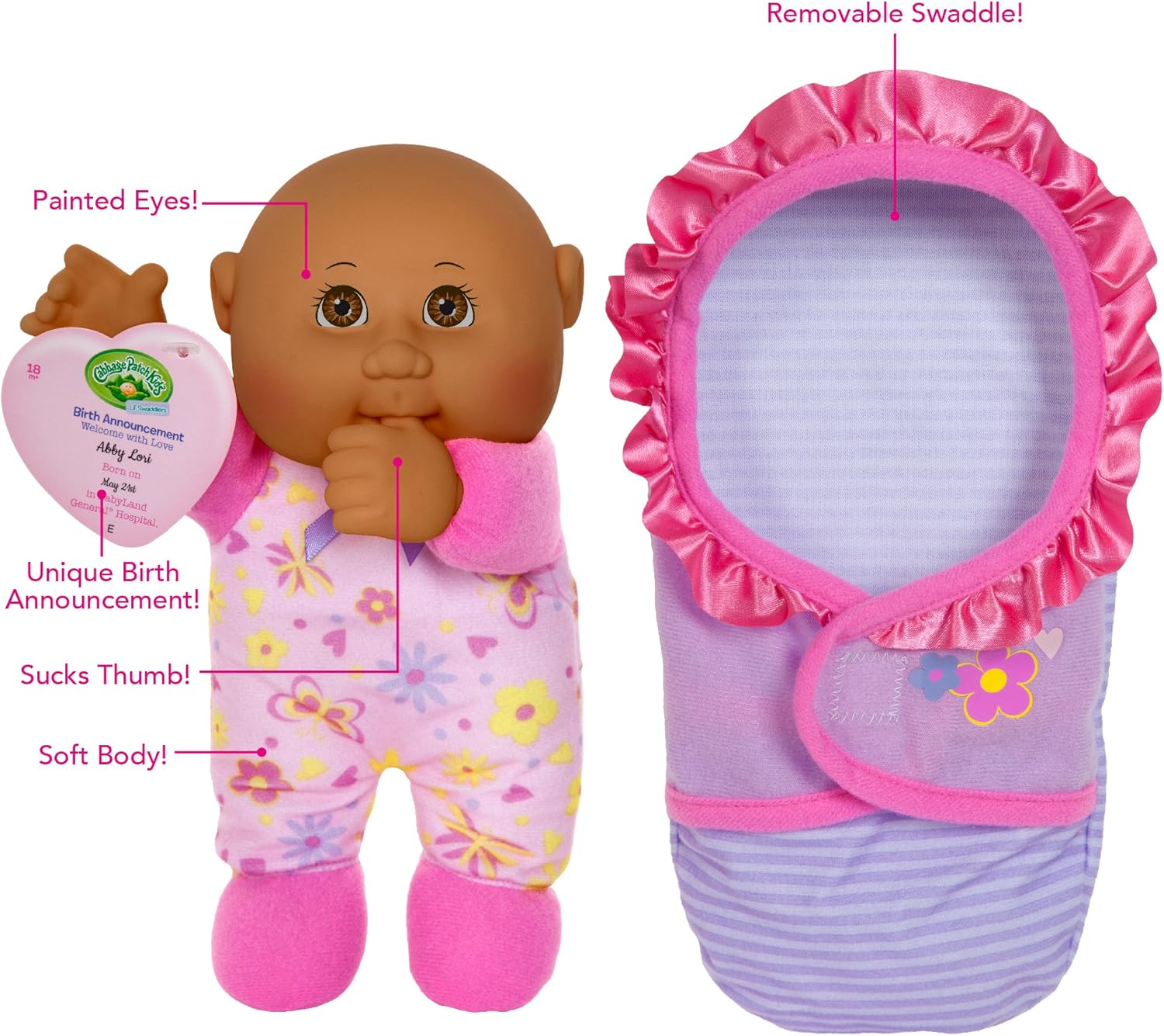 Cabbage Patch Kids Official, Newborn Baby African American Girl Doll - Comes with Swaddle Blanket and Unique Adoption Birth Announcement 9 Inches