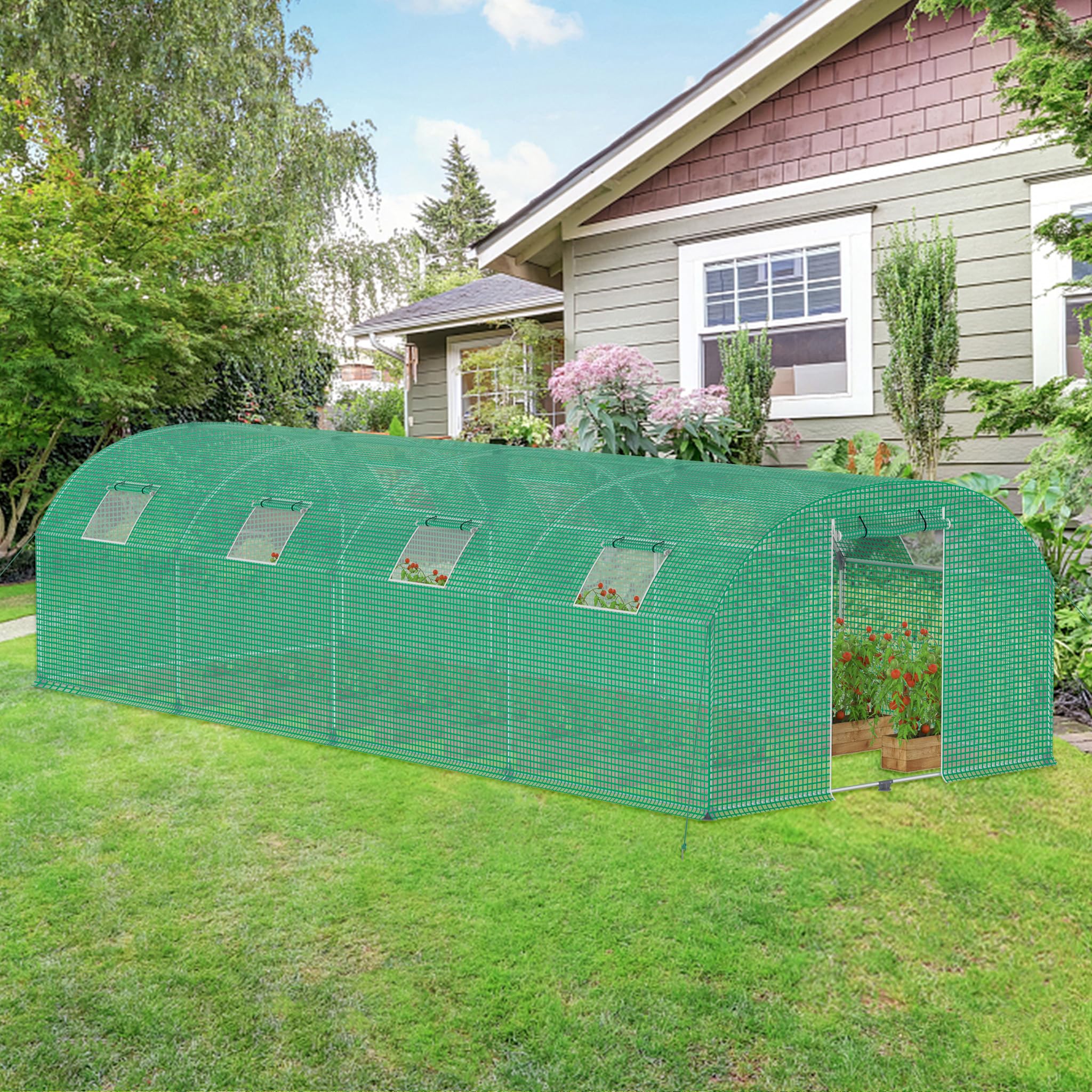 ACXIN Invernadero para jardín, 3 x 8 x 2 m, túnel de aluminio, varillaje de acero galvanizado, diámetro de 22 mm, HDPE + lámina de polietileno de baja densidad con rejilla, ventanas y puertas