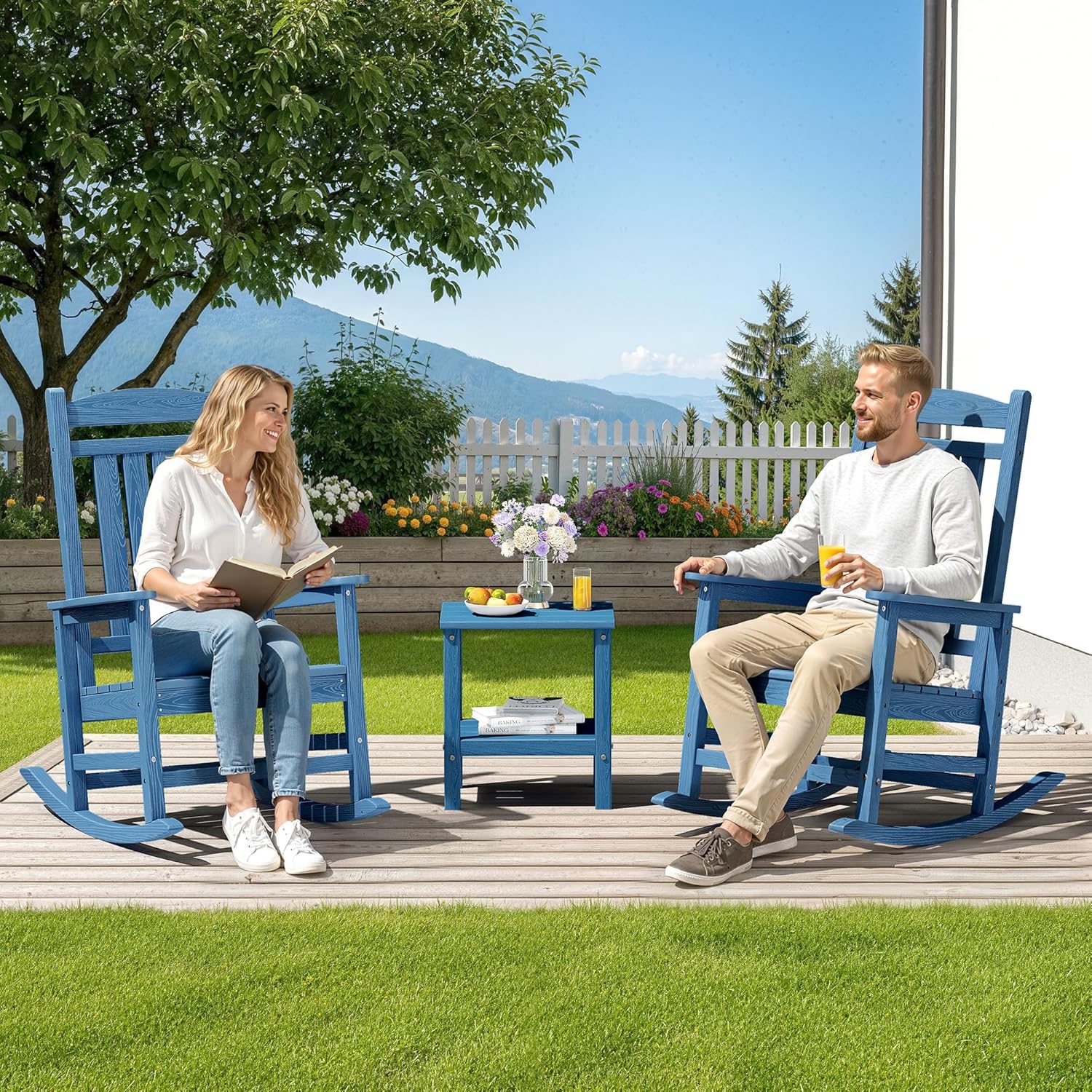 SERWALL Oversized Rocking Chairs Set of 2, HDPE Outdoor Rocking Chair, All-Weather Porch Rockers for Patio, Blue