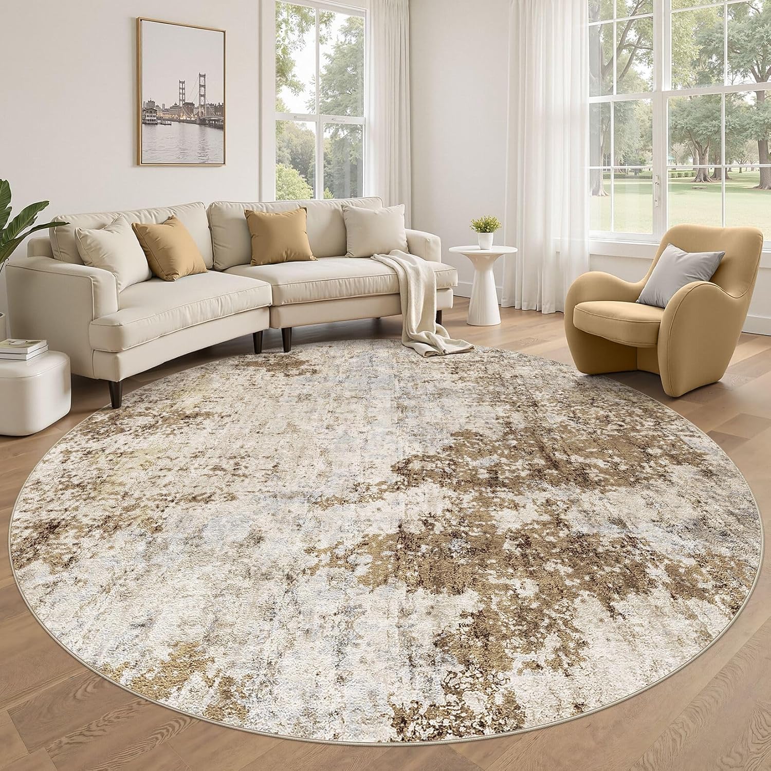 8ft Round Area Rug Living Room Rugs - 8x8 Washable Large Soft Indoor Neutral Modern Abstract Low Pile Rug Carpet for Bedroom Dining Room Farmhouse Home Office - Light Brown Light Brown 8' (Round)