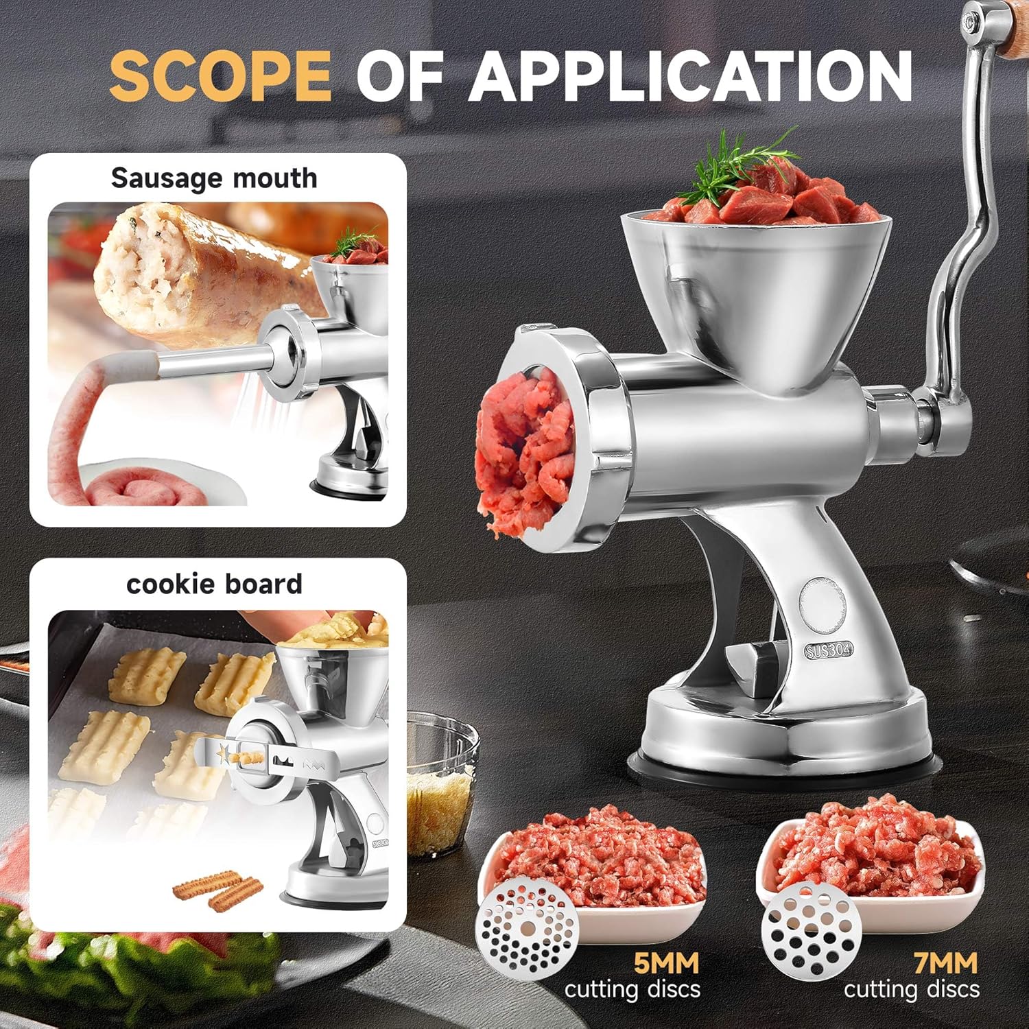 Scope of application for Hanchen HC Manual Meat Grinder, showing sausage making, cookie shaping, and different cutting disc outputs.