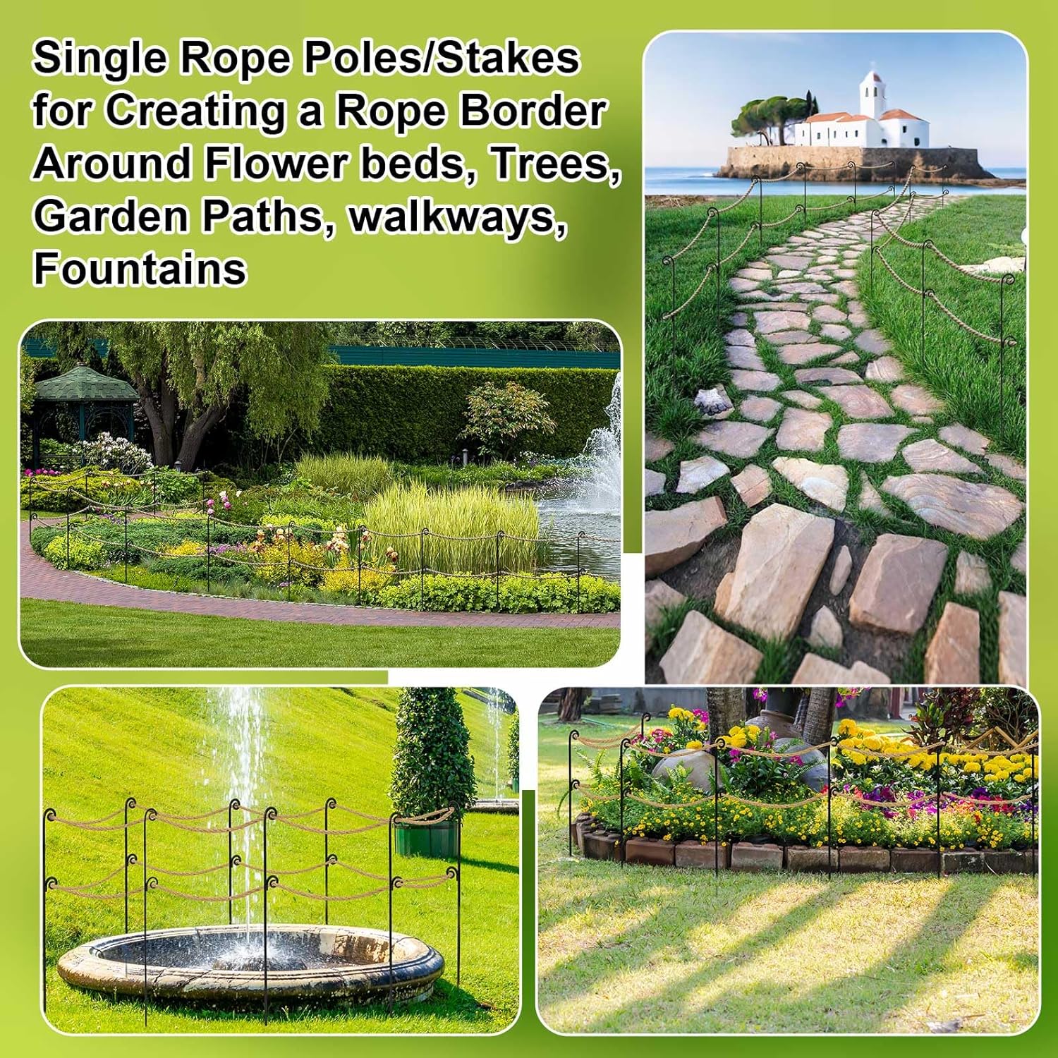 Ferraycle 12 Pcs 42 Inches/3.5 ft Double Rope Poles Steel Stakes with Loop for Creating a Rope Border Around Flower Beds, Fence, Trees, Garden, Walkways, Fountains