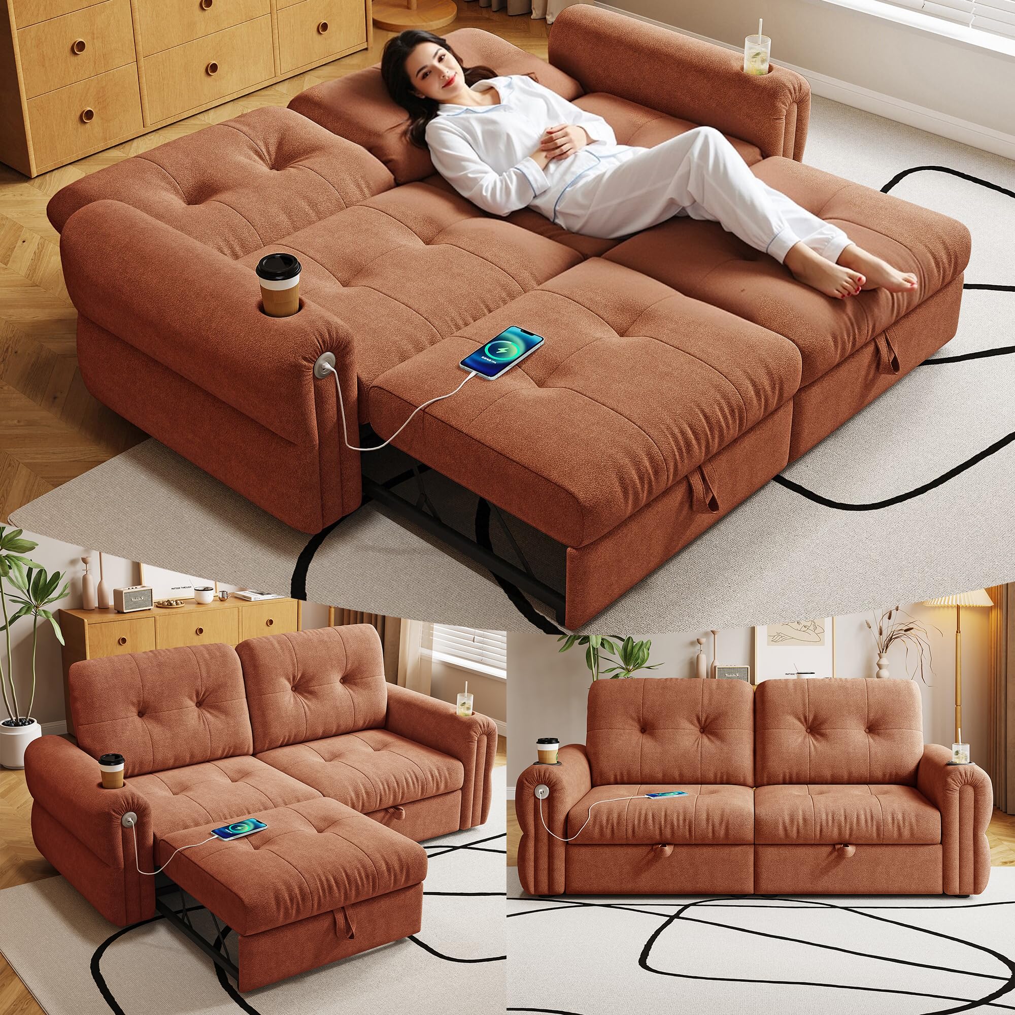 ZHCREAL 77" Queen Size Sofa Bed, Loveseat Sleeper Sofa with Pull Out Bed and USB, 2 Seater Convertible Small Couch for Living Room Bedroom Apartment (