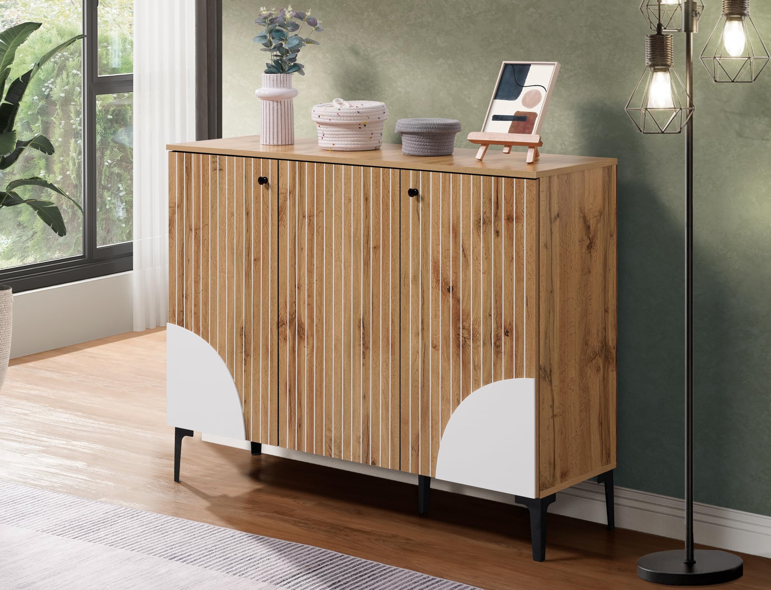 DeckUp Stella Engineered Wood Sideboard/Buffet Counter/Storage Unit (Wotan Oak & White, Matte Finish)-image-38