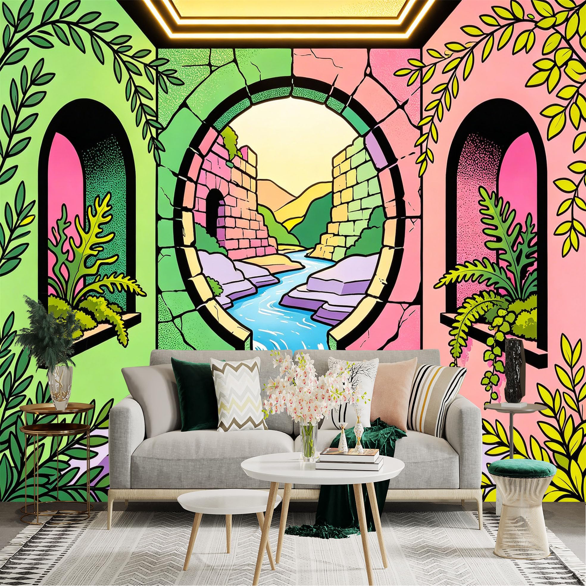 Custom Size Wall Sticker Mural， Colorful Archway with River Stream， Plants and Mountain Landscape， for wall Decoration， peelandstick wall Decals.
