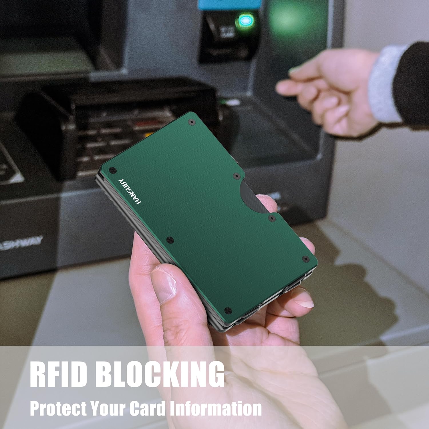 Hansuby Wallet for Men, Minimalist Metal Wallets with Money Clip Removable, Slim Aluminum Card Holder, Front Pocket RFID Blocking Card Case, Mens Team Travel Business Gifts, Brushed Dark Green