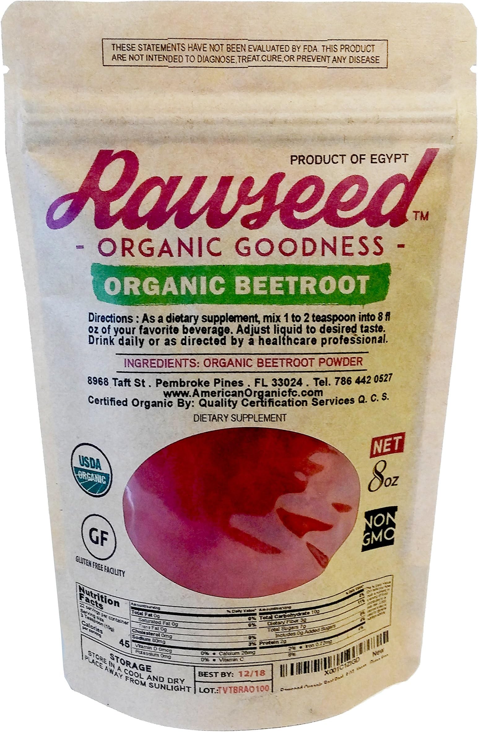 Rawseed Organic Beet Root Powder "Beta vulgaris" 8 OZ (1/2) with a High Nitrate Content. Non - Irradiated Non-sulfites - No Anti Caking Ingredients- Vegan - Gluten Free.