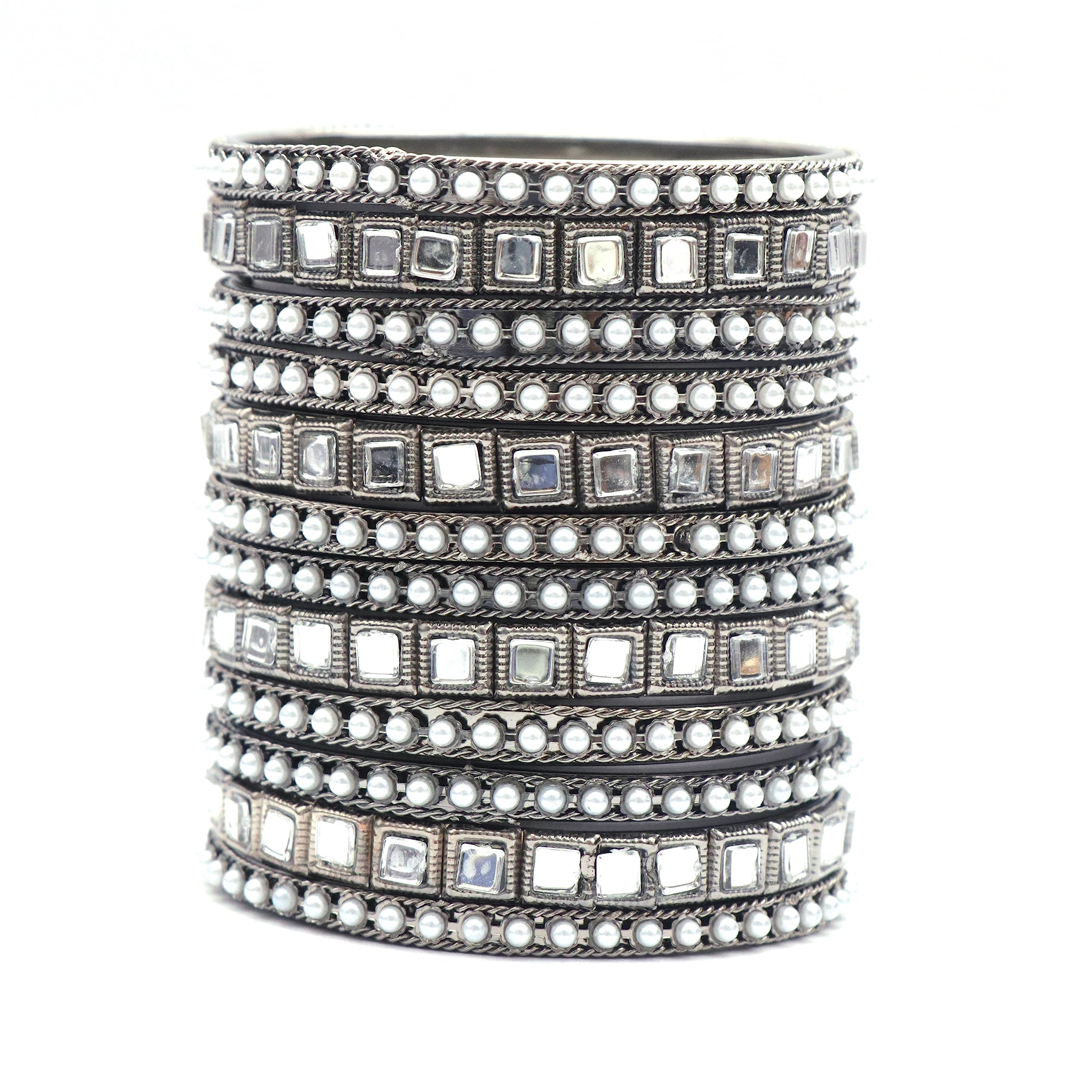 NAVMAV Traditional Ethnic Look Black Oxidised pearl Beaded & Mirror Work Kundan Bangle/Kada/Kangan Set for Occassionallly & Festive Pack of 12 Metal chudi Set for Women/Girls (B0CBRTVQ5P) Amazon Price History, Amazon Price Tracker