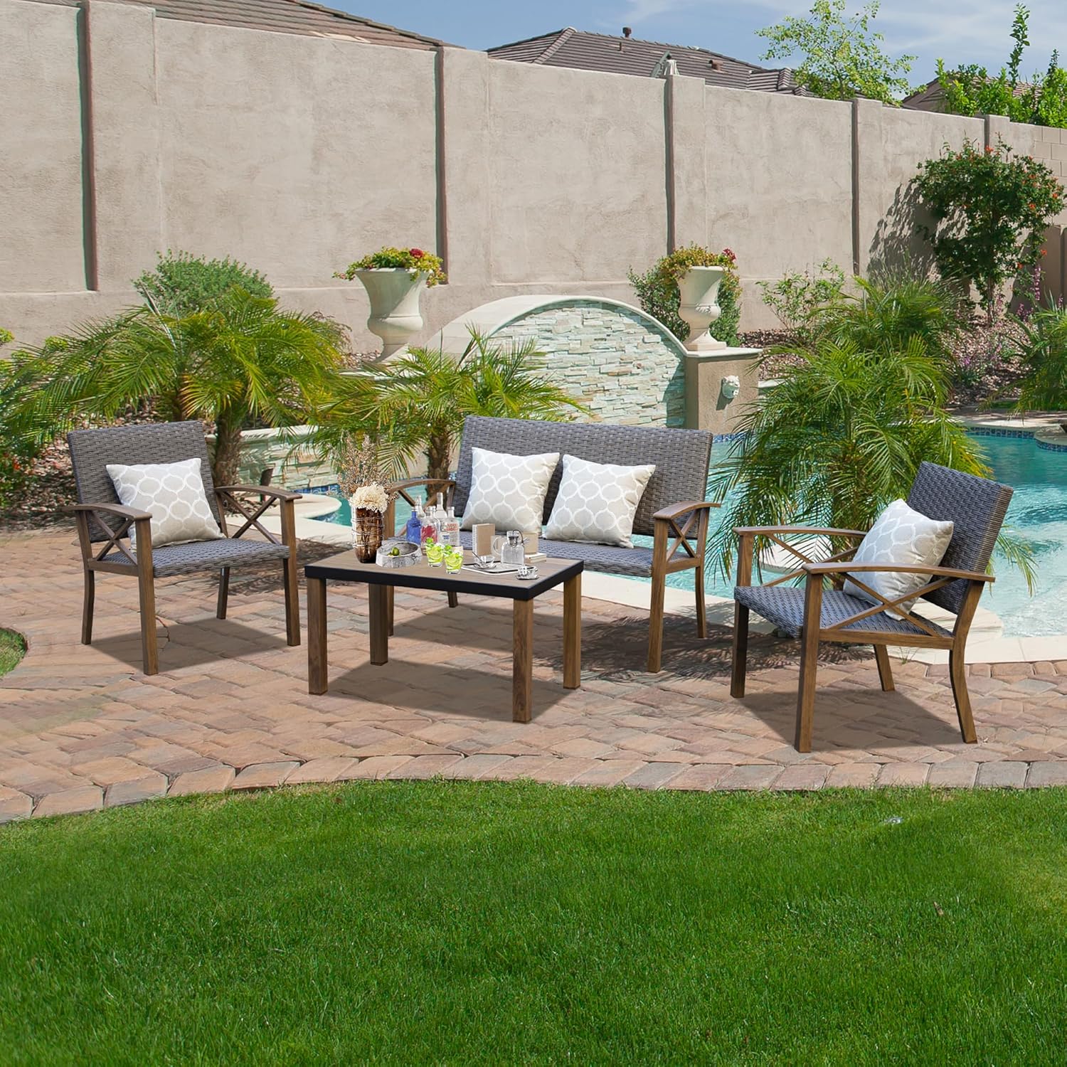 Domi Aluminum Patio Furniture Set, 4-Piece Modern Conversation Set with Cotton Padding Backrests and Seats, Outdoor Sectional Metal Sofa Set with 5.5 Inch Cushion and Coffee Table for Balcony, Garden