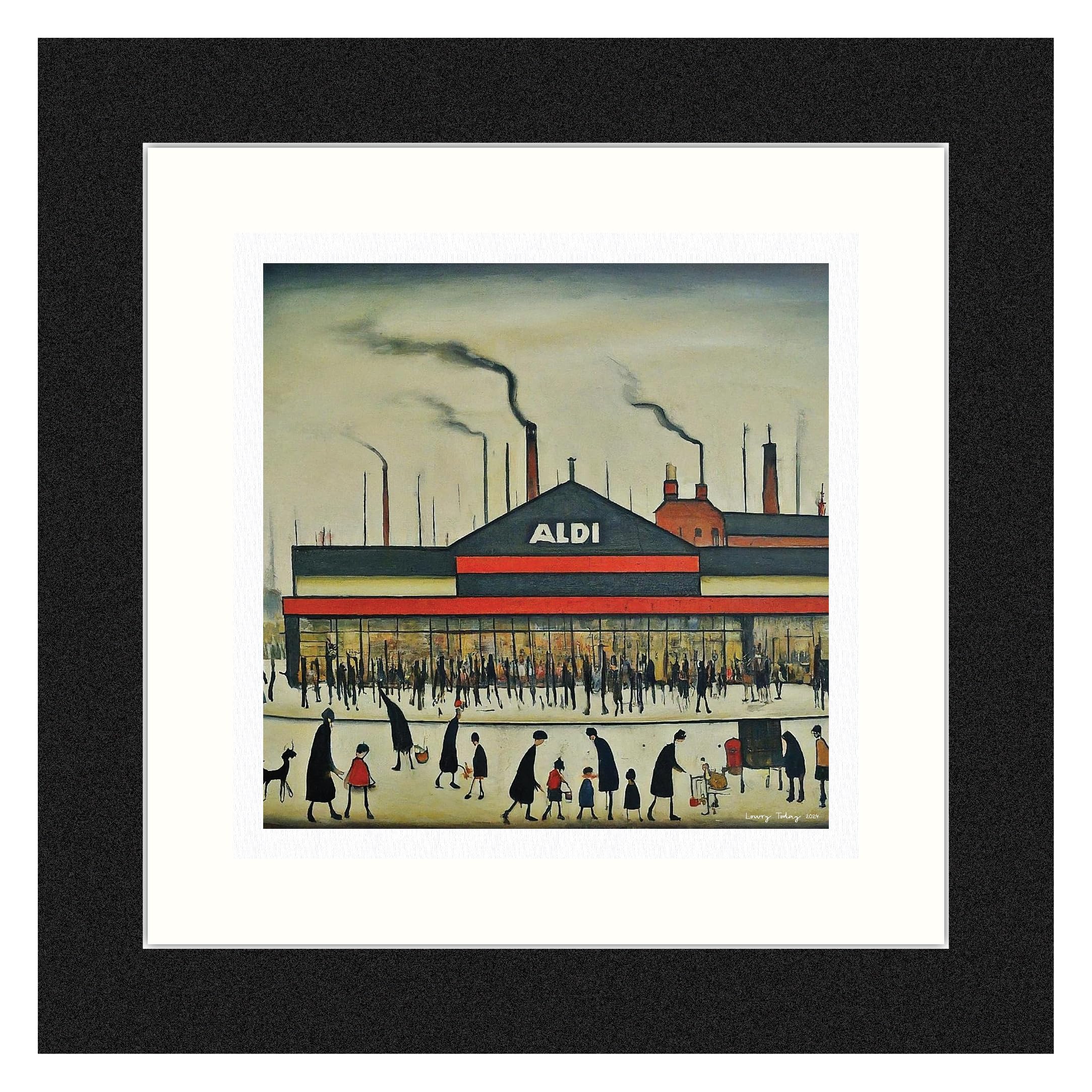 Greetingles Lowry-Style 12"/31cm Square Framed Print. Beautiful Black Ash Frame (Lowry, Aldi) — image 1