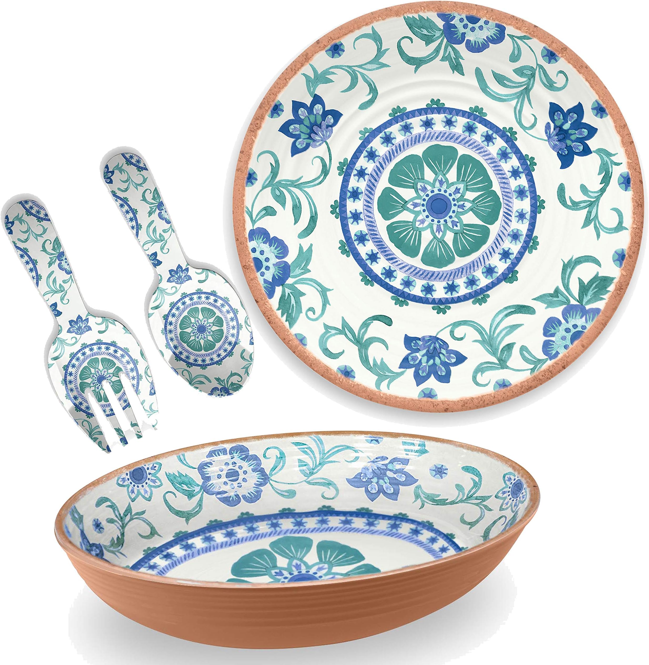 Turquoise Floral Melamine/Plastic Outdoor/BBQ/Picnic - 3 Piece - Salad Serving Set & Platter