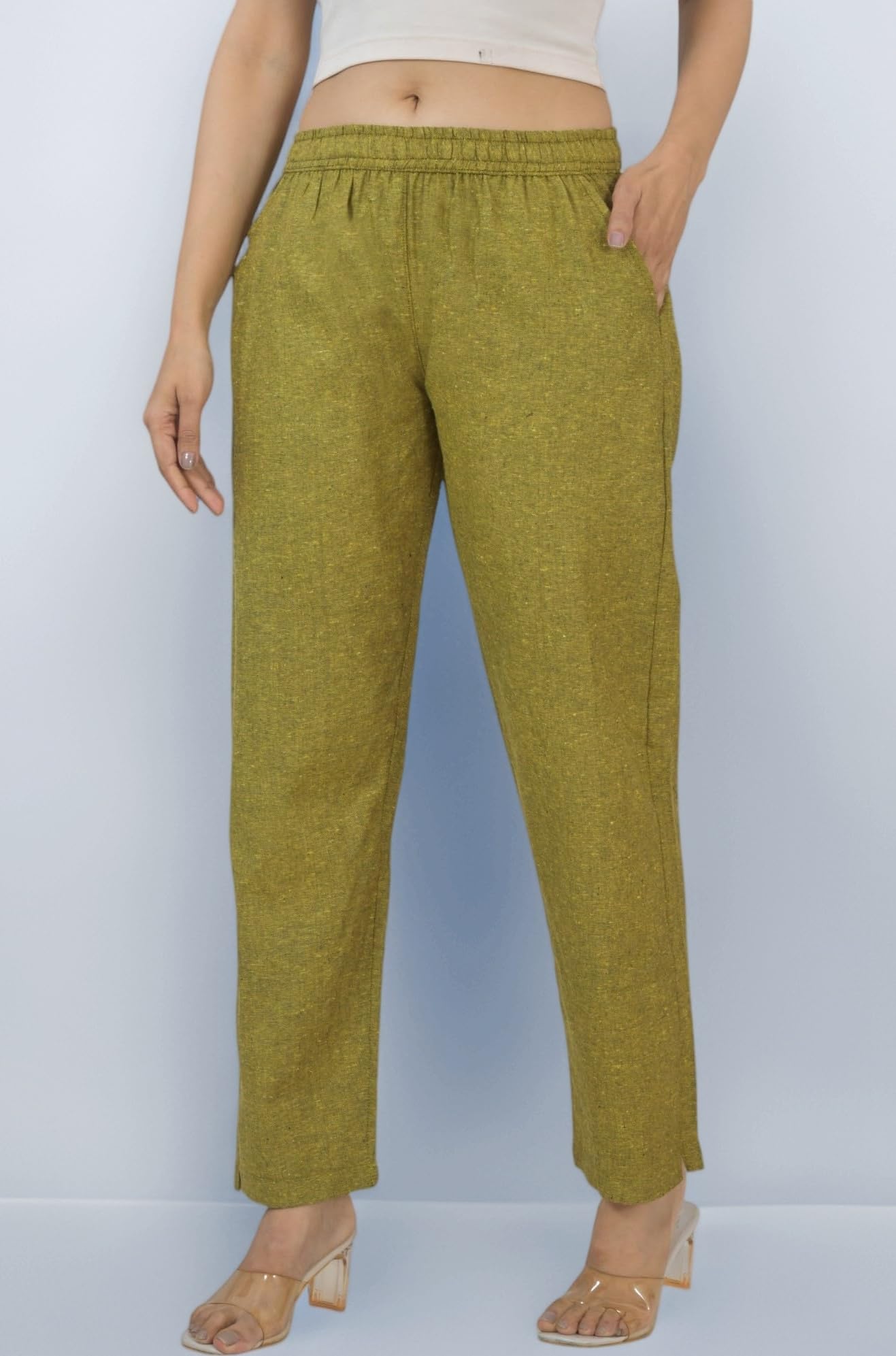 Women's Cotton Linen Pants, Regular Fit, Fully Elasticated, 2 Side Pockets