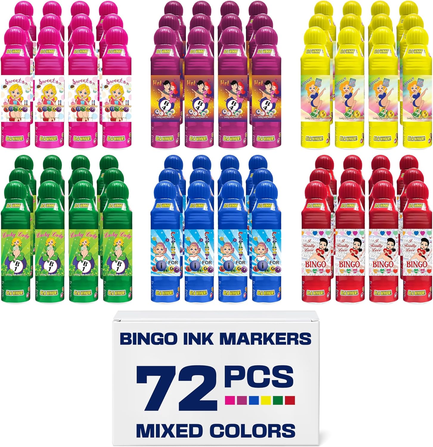 Lucky Lady Bingo Daubers Bulk, 72-Pack Multicolors Bingo Dauber for Adults - Smooth & Even Application, Non-Drip & Quick-Dry Formula Bingo Markers Daubers for Bingo Halls - Made with Dab-O-Ink